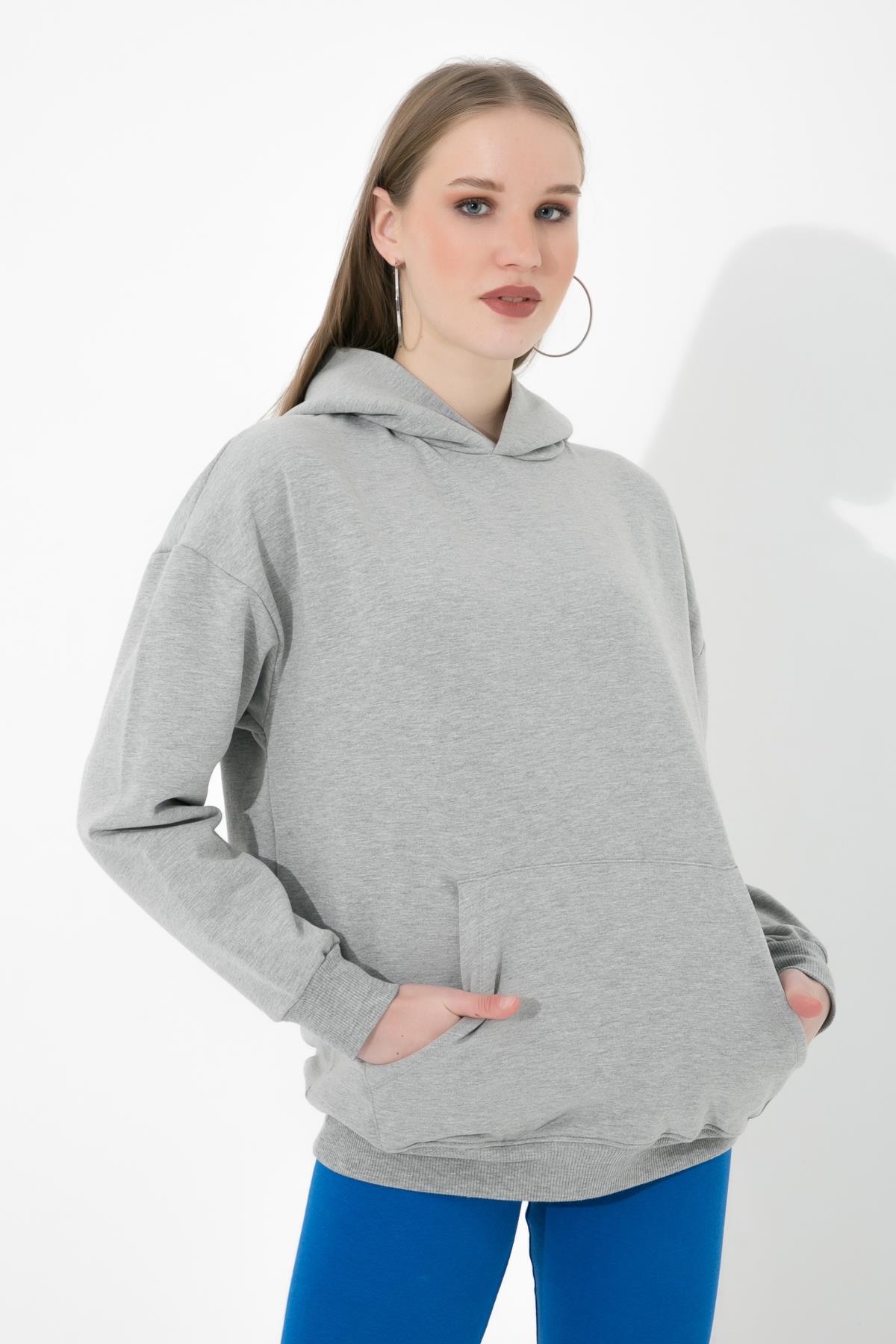 Gri Melanj Kapüşonlu Kanguru Cepli İçi Pamuklu Örme Sweatshirt ND-26218
