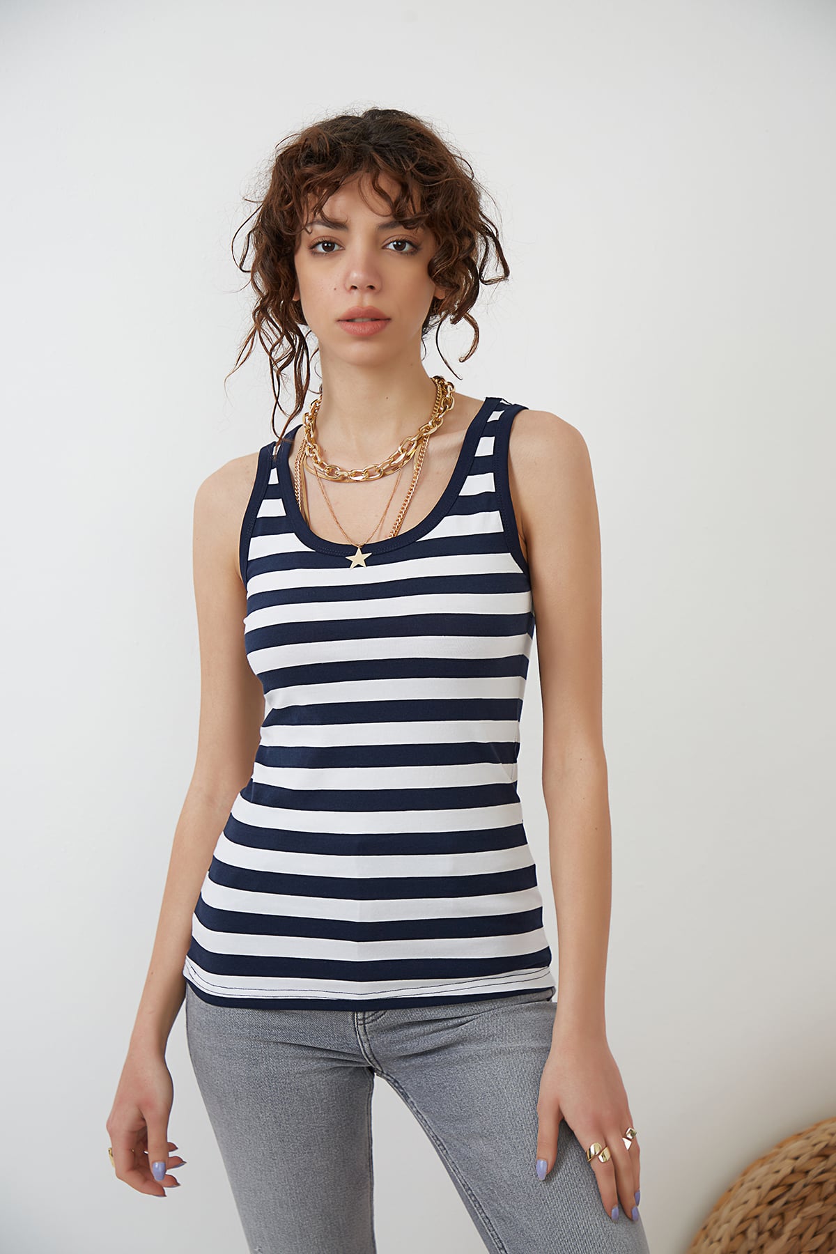 Lacivert - Beyaz Kalın Askılı Örme Süprem Atlet ND-26202