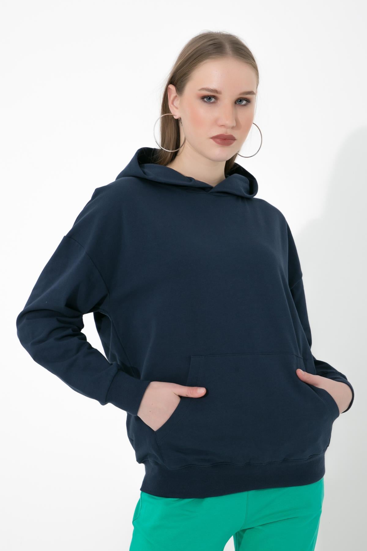 Lacivert Kapüşonlu Kanguru Cepli İçi Pamuklu Örme Sweatshirt ND-26218