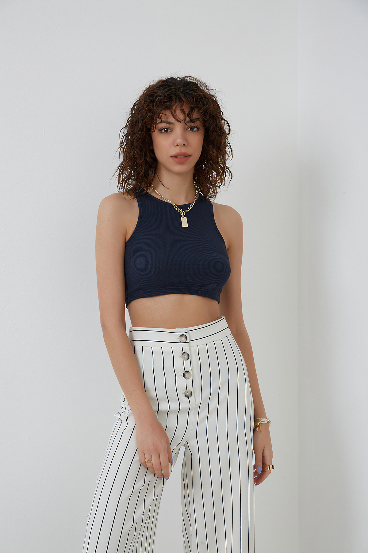 Lacivert Likralı Fitilli Örme Crop Atlet ND-26201