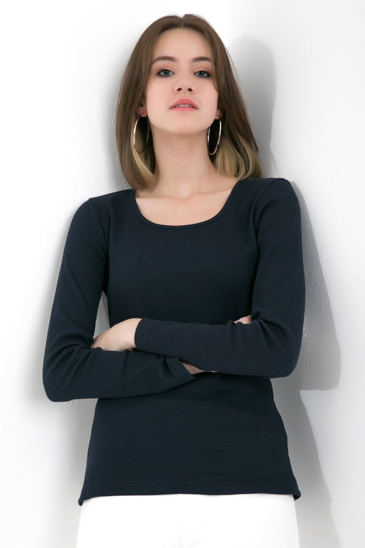 Likralı Uzun Kollu Fitilli Örme O Yaka Basic Lacivert Bluz ND-26208