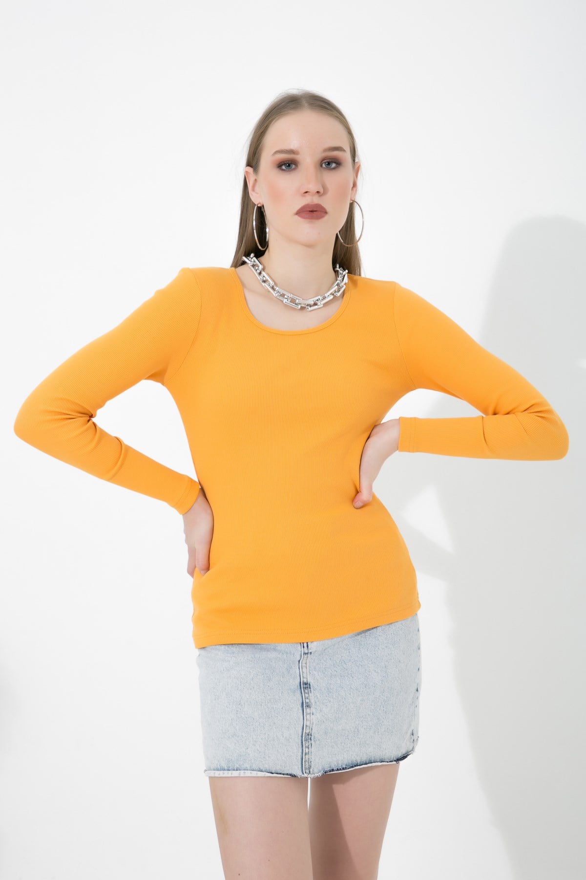 Likralı Uzun Kollu Fitilli Örme O Yaka Basic Hardal Bluz ND-26208