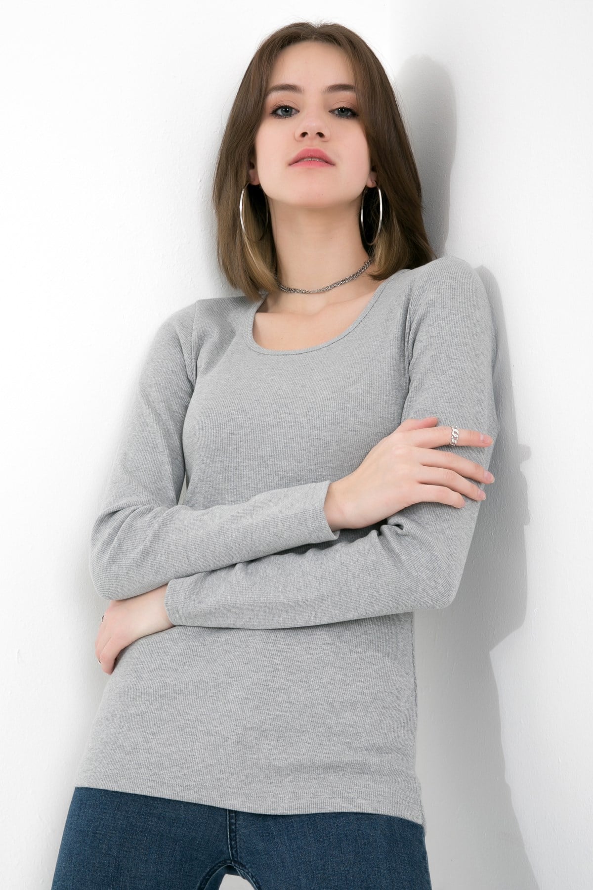 Likralı Uzun Kollu Fitilli Örme O Yaka Basic Gri Melanj Bluz ND-26208