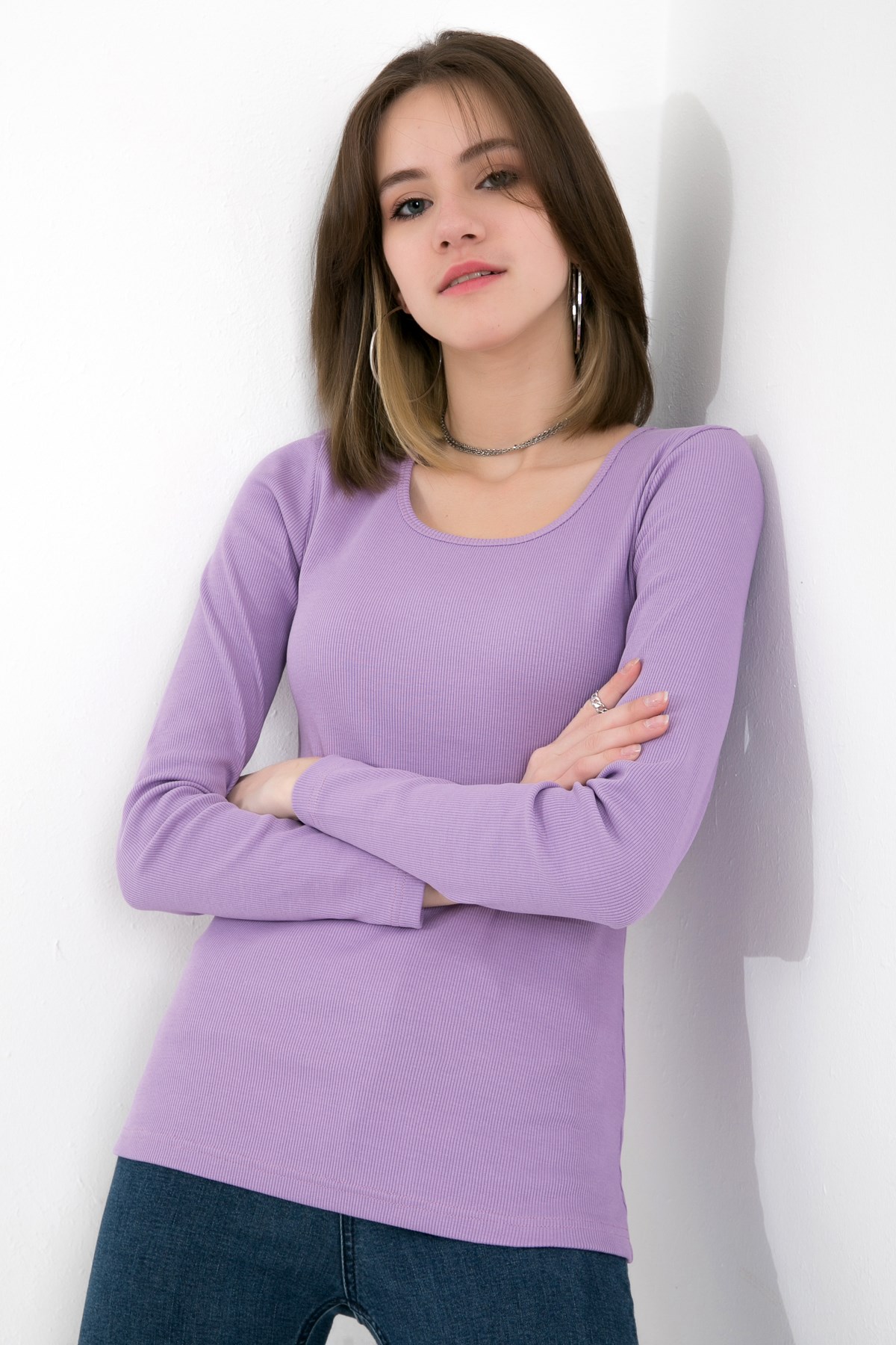 Likralı Uzun Kollu Fitilli Örme O Yaka Basic Lila Bluz ND-26208