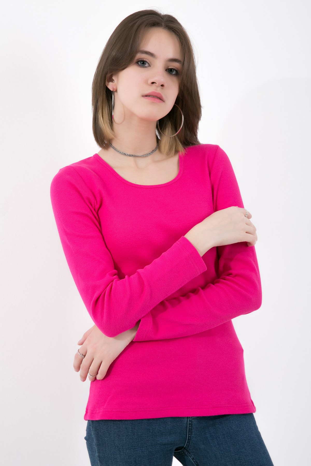 Likralı Uzun Kollu Fitilli Örme O Yaka Basic Fuşya Bluz ND-26208