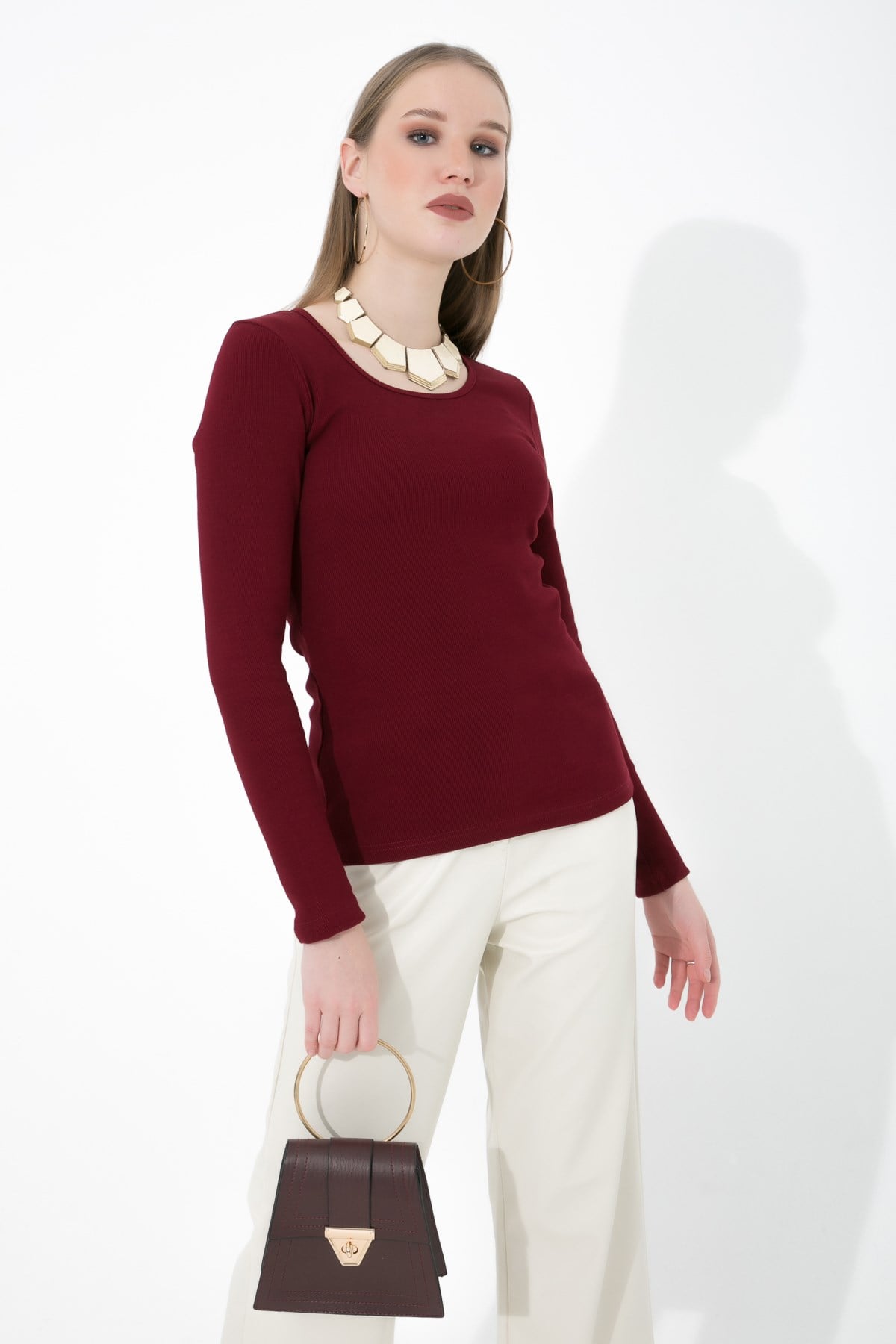 Likralı Uzun Kollu Fitilli Örme O Yaka Basic Bordo Bluz ND-26208