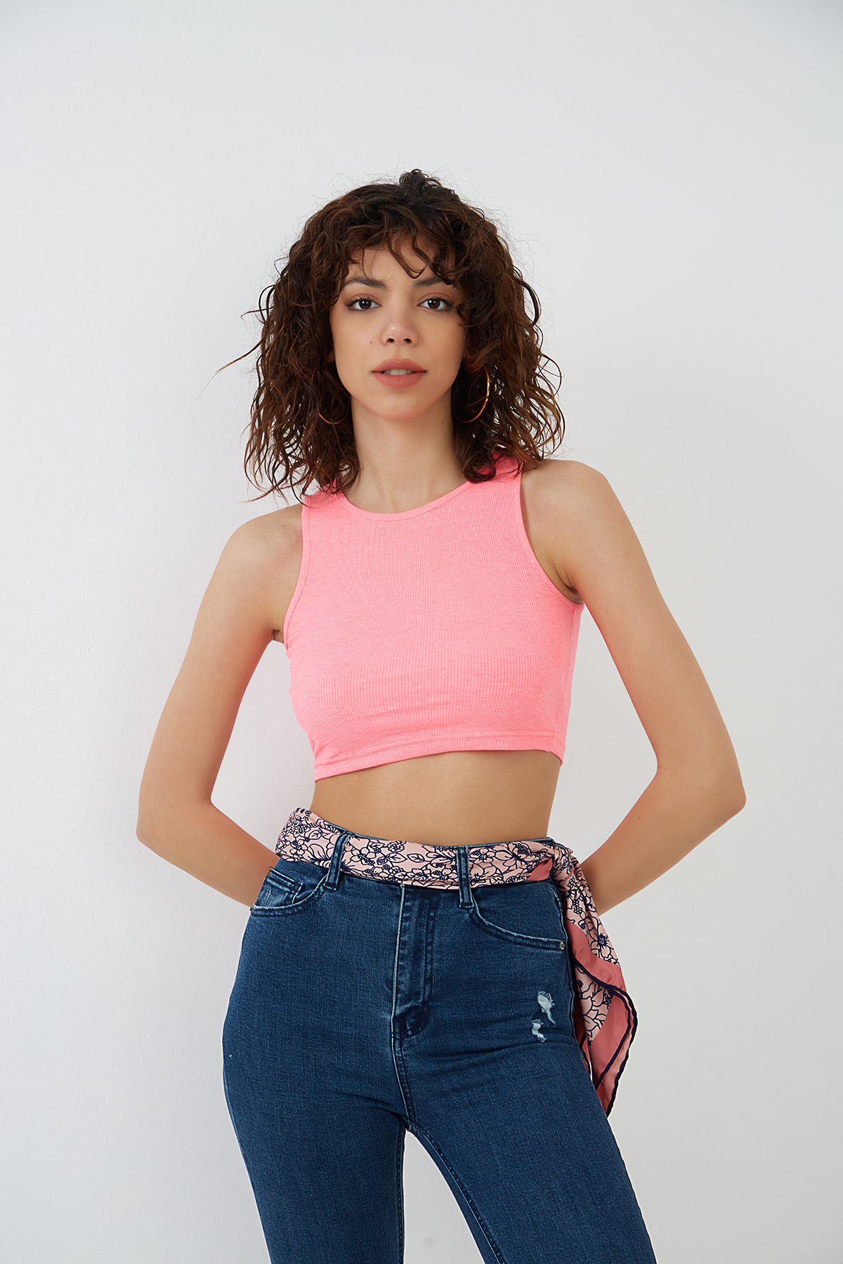 Neon Pembe Likralı Fitilli Örme Crop Atlet ND-26201