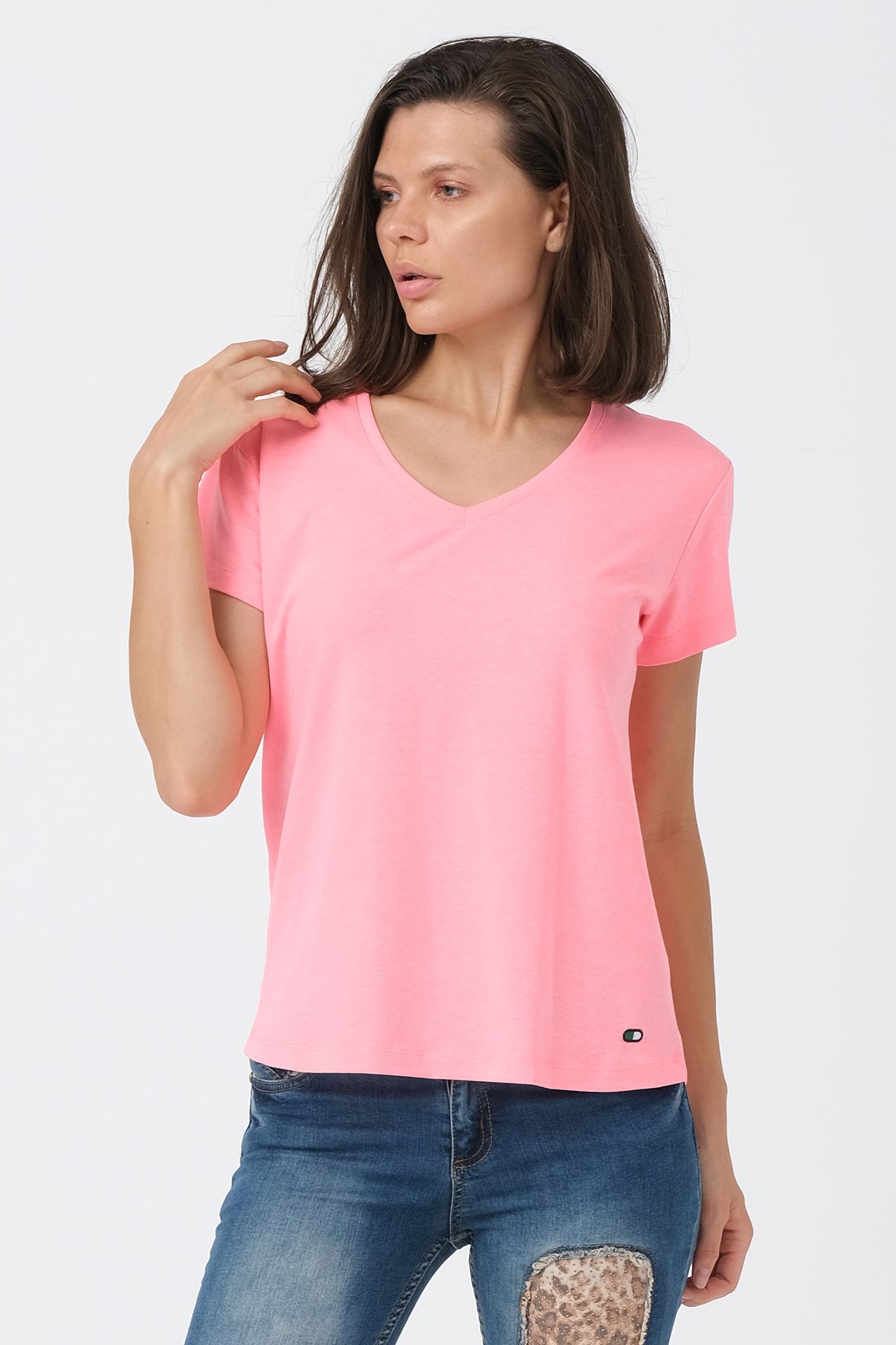 Neon Pembe V Yaka Basic T-shirt ND-2003