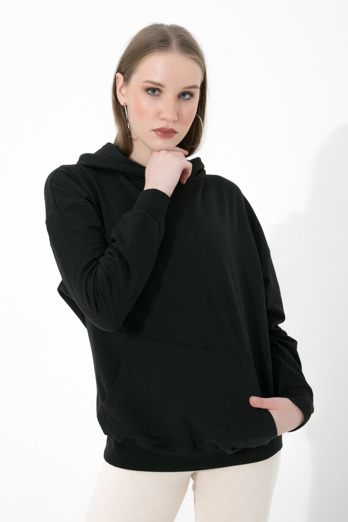 Siyah Kapüşonlu Kanguru Cepli İçi Pamuklu Örme Sweatshirt ND-26218