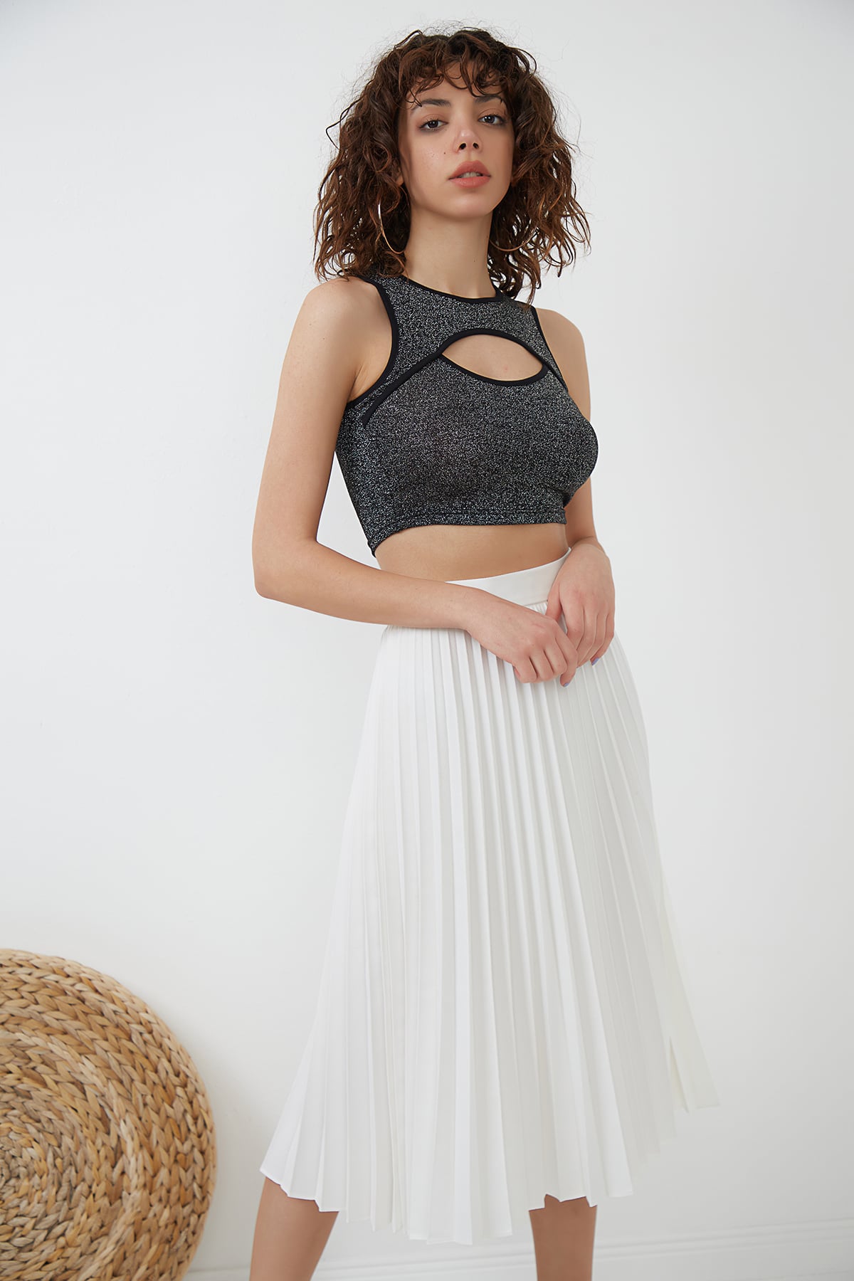 Siyah Simli Örme Crop Bluz ND-26205