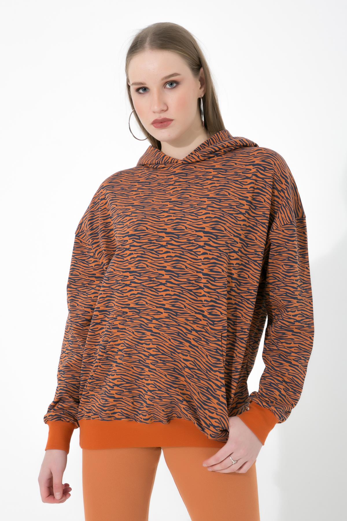 Taba Zebra Kapüşonlu Kanguru Cepli İçi Pamuklu Örme Sweatshirt ND-26218