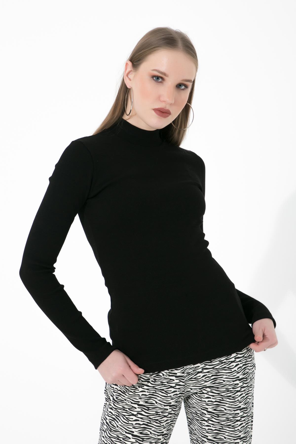 Yarım Balıkçı Fitilli Örme Likralı Basic Siyah Bluz ND-26214