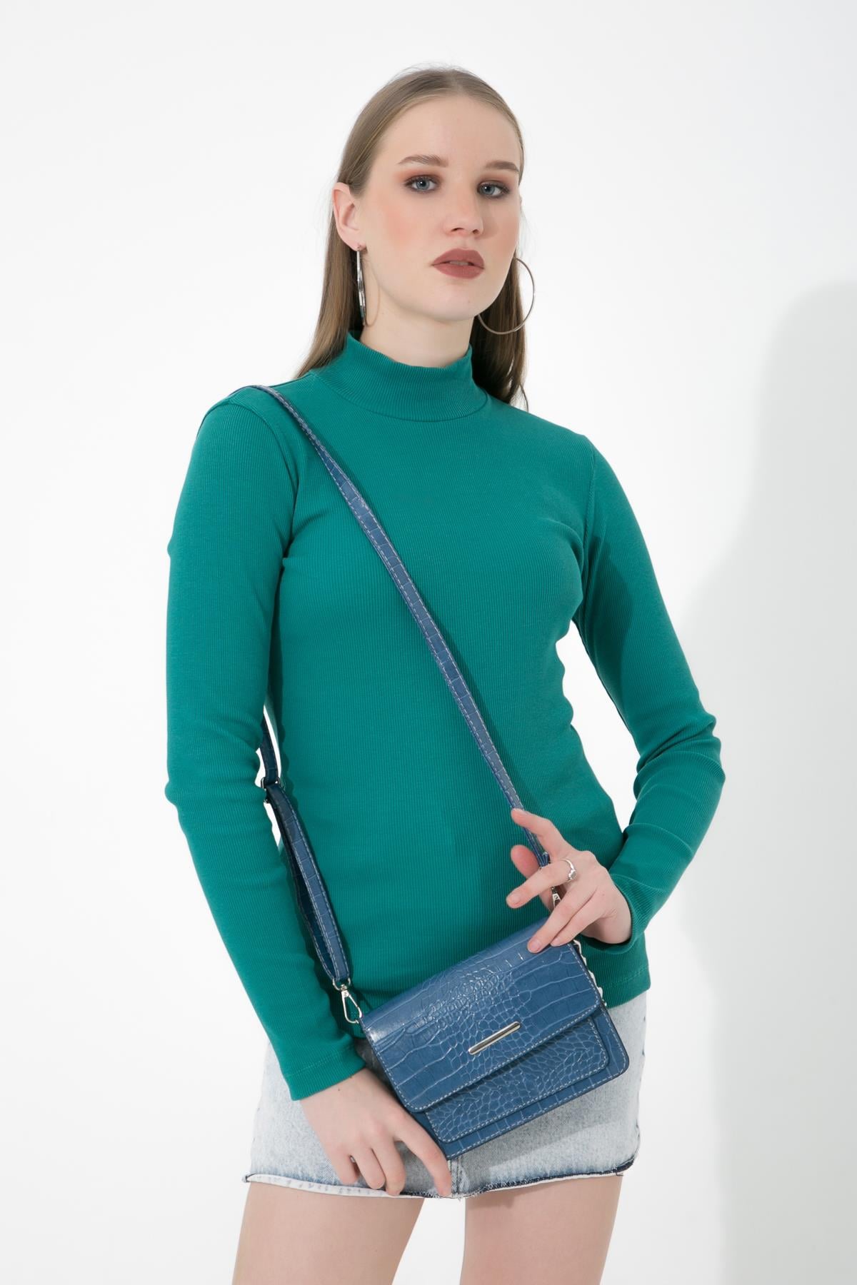 Yarım Balıkçı Fitilli Örme Likralı Basic Yeşil Bluz ND-26214