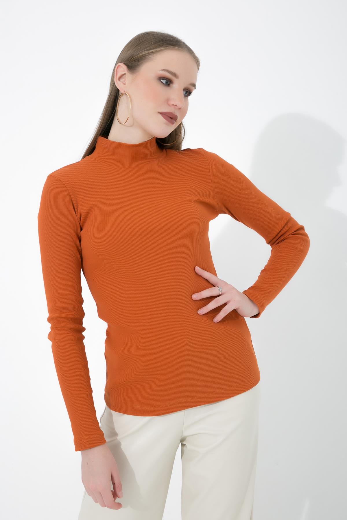 Yarım Balıkçı Fitilli Örme Likralı Basic Taba Bluz ND-26214