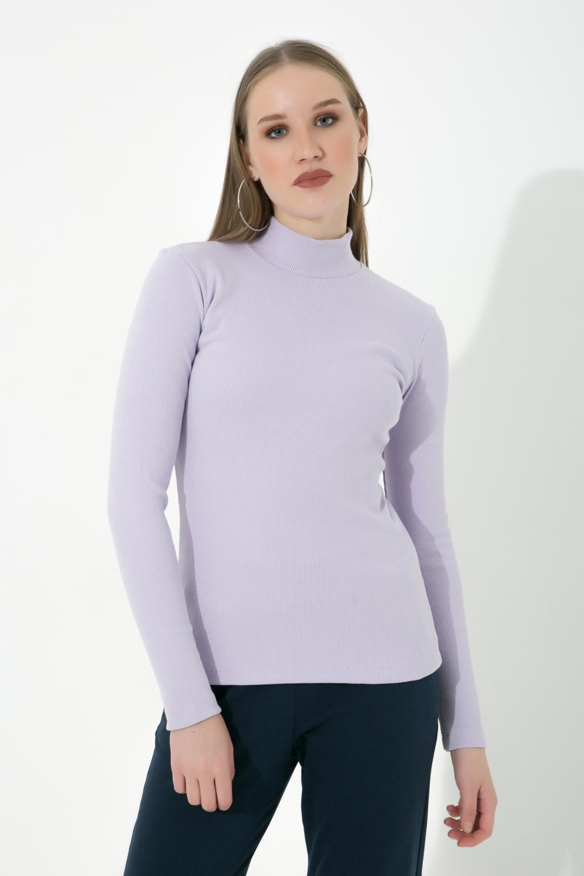 Yarım Balıkçı Fitilli Örme Likralı Basic Lila Bluz ND-26214