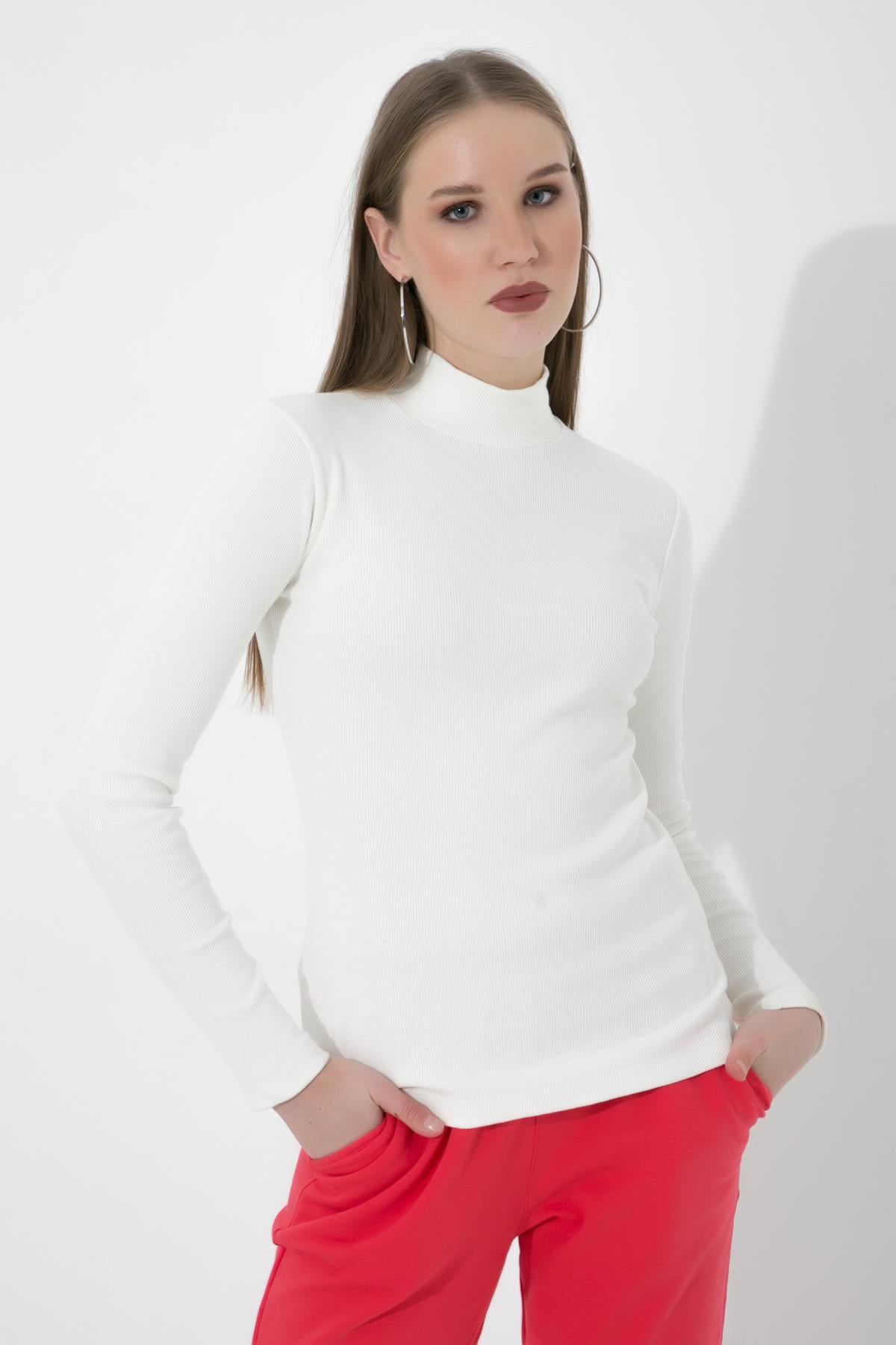 Yarım Balıkçı Fitilli Örme Likralı Basic Ekru Bluz ND-26214