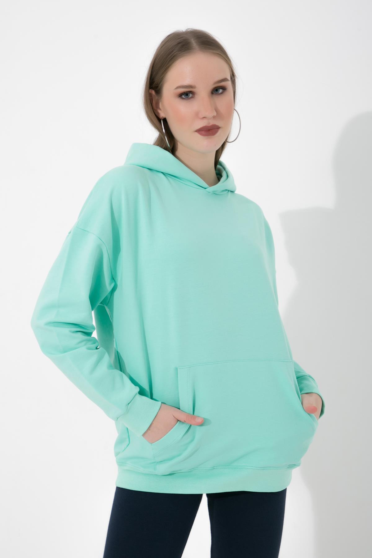 Yeşil Kapüşonlu Kanguru Cepli İçi Pamuklu Örme Sweatshirt ND-26218