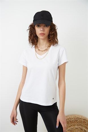 Beyaz V Yaka Basic T-shirt YND-2003