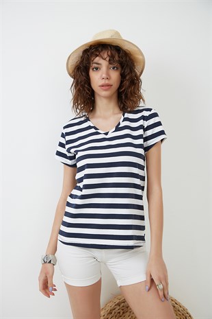Çizgili Beyaz - Lacivert V Yaka Basic T-shirt YND-2003
