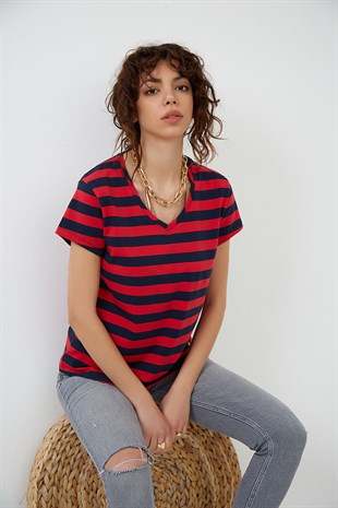 Çizgili Kırmızı - Lacivert V Yaka Basic T-shirt YND-2003
