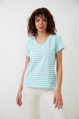 Çizgili Mint-Beyaz V Yaka Basic T-shirt YND-2003