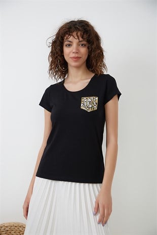 Siyah Viskon Bisiklet Yaka Pul-Payet Cep Detaylı T-shirt YND-2004