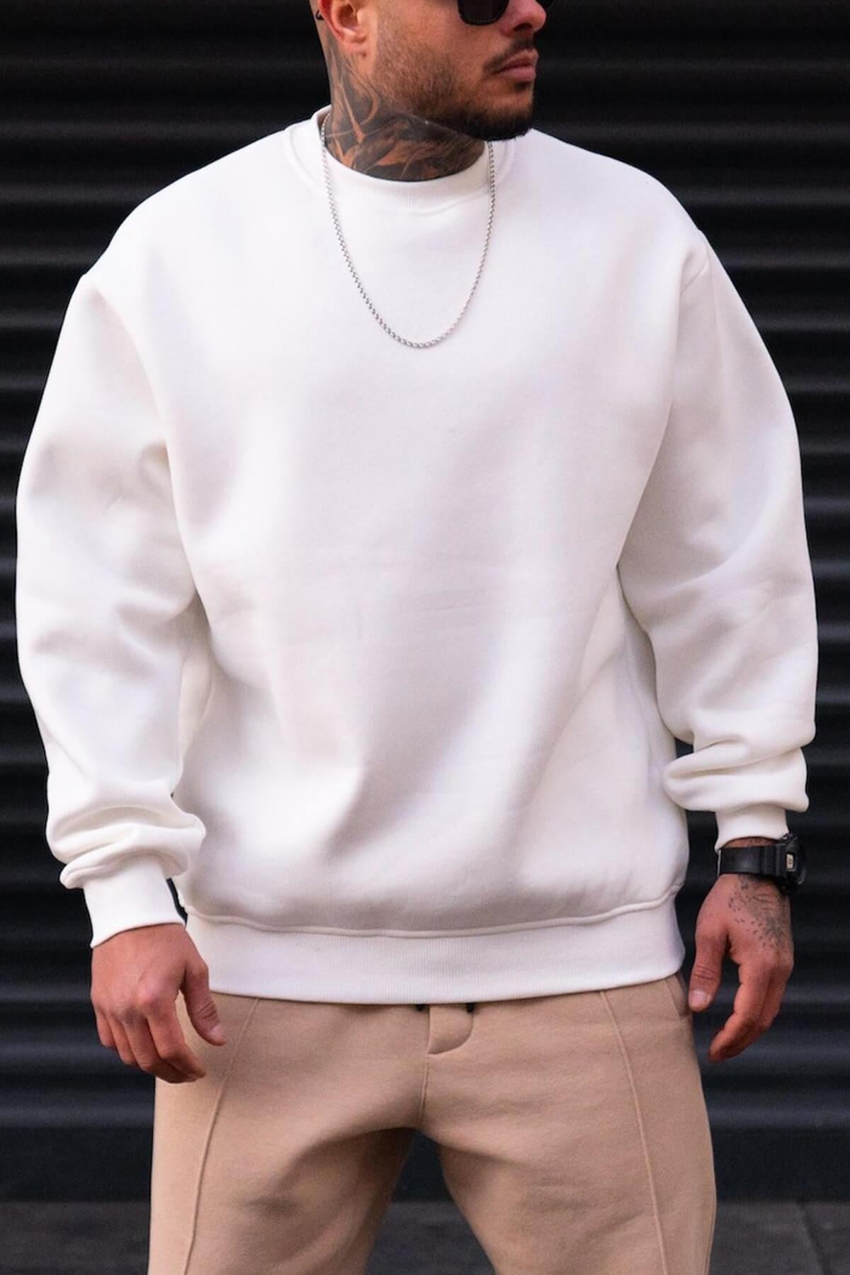  Erkek Düz Kırık Beyaz Krem Ekru Basic Baskısız Sıfır Bisiklet Yaka Oversize Salaş Sweatshirt Sweat