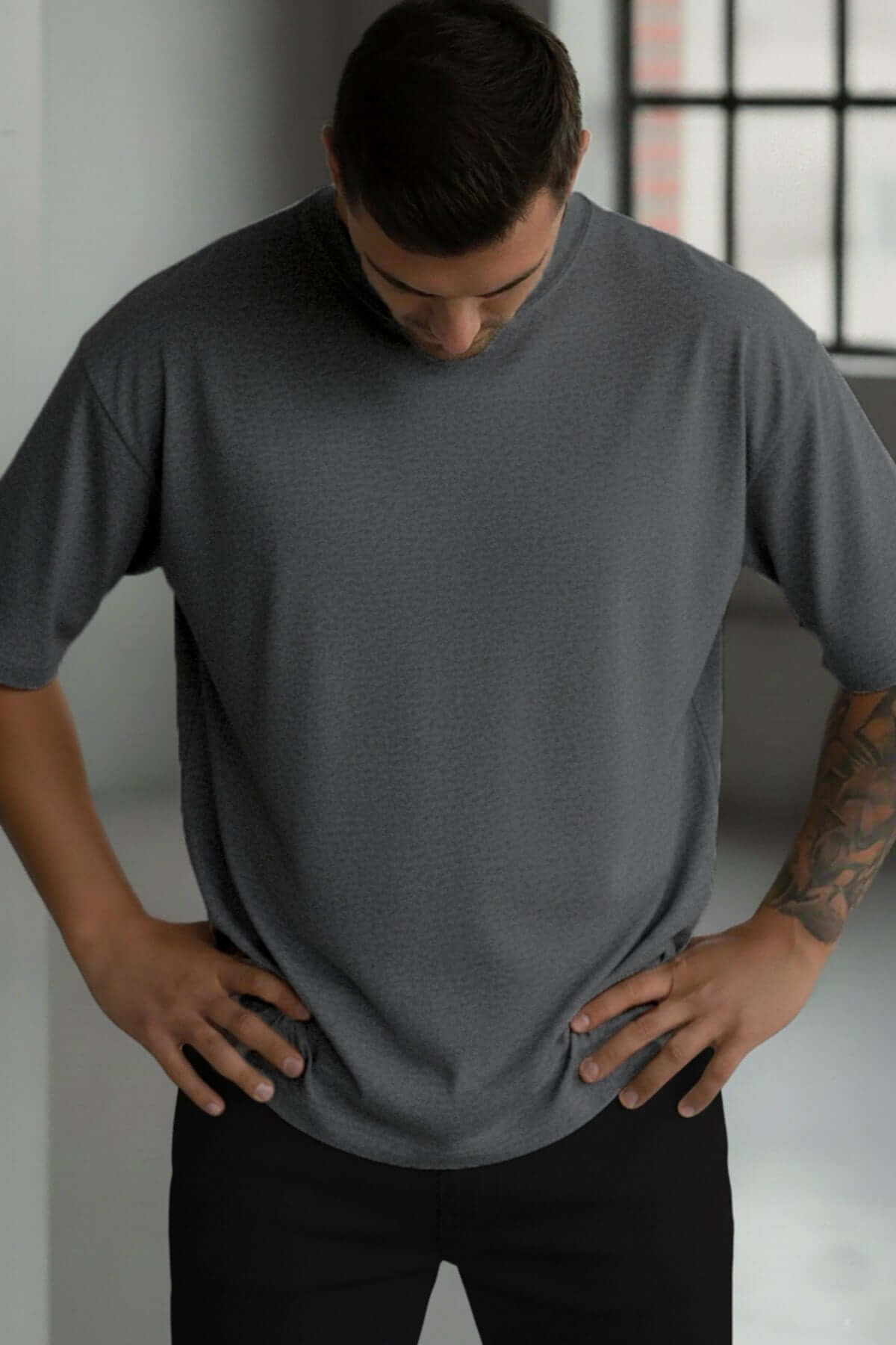 1 Adet Erkek Antrasit Melanj Basic Düz Baskısız Oversize Salas Loose Fit T-shirt