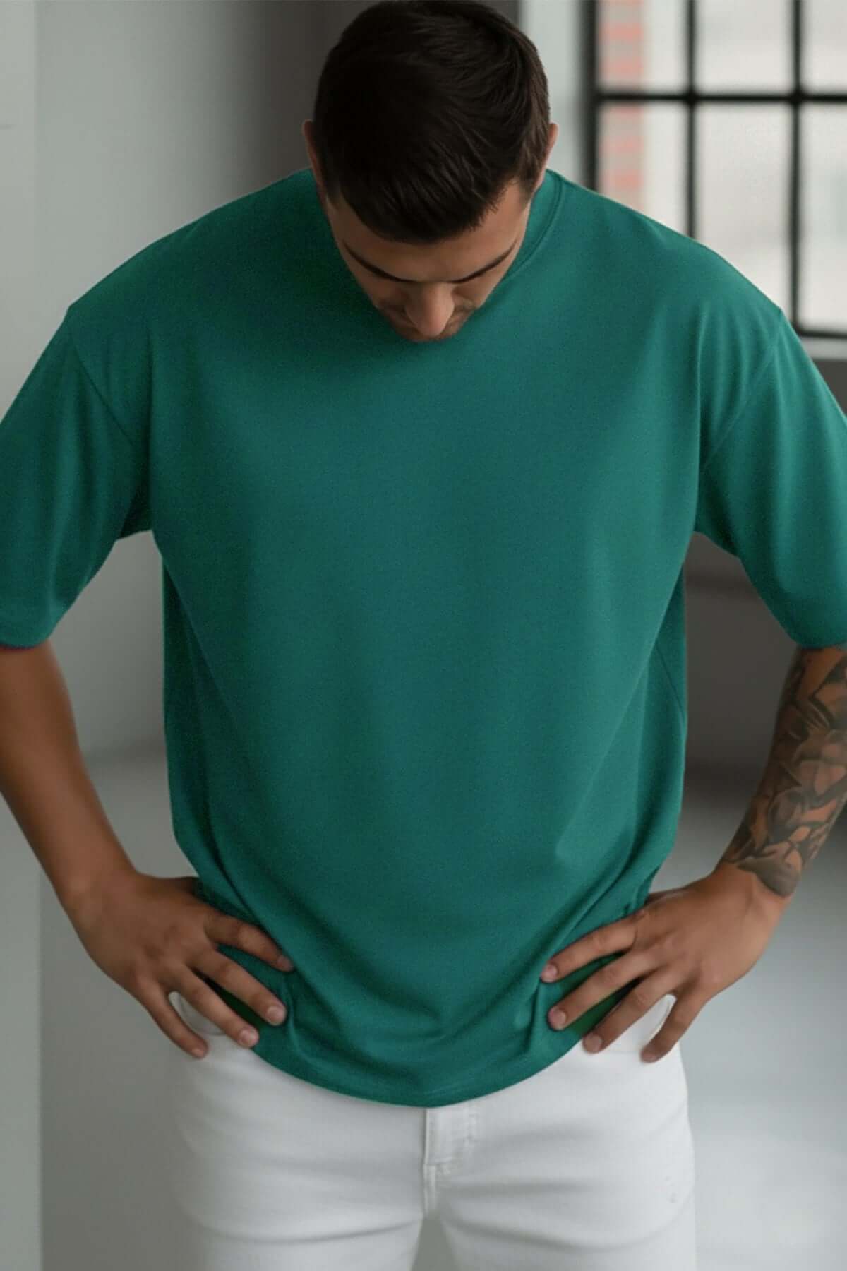 1 Adet Erkek Zümrüt Yeşil Basic Düz Baskısız Oversize Salas Loose Fit T-shirt