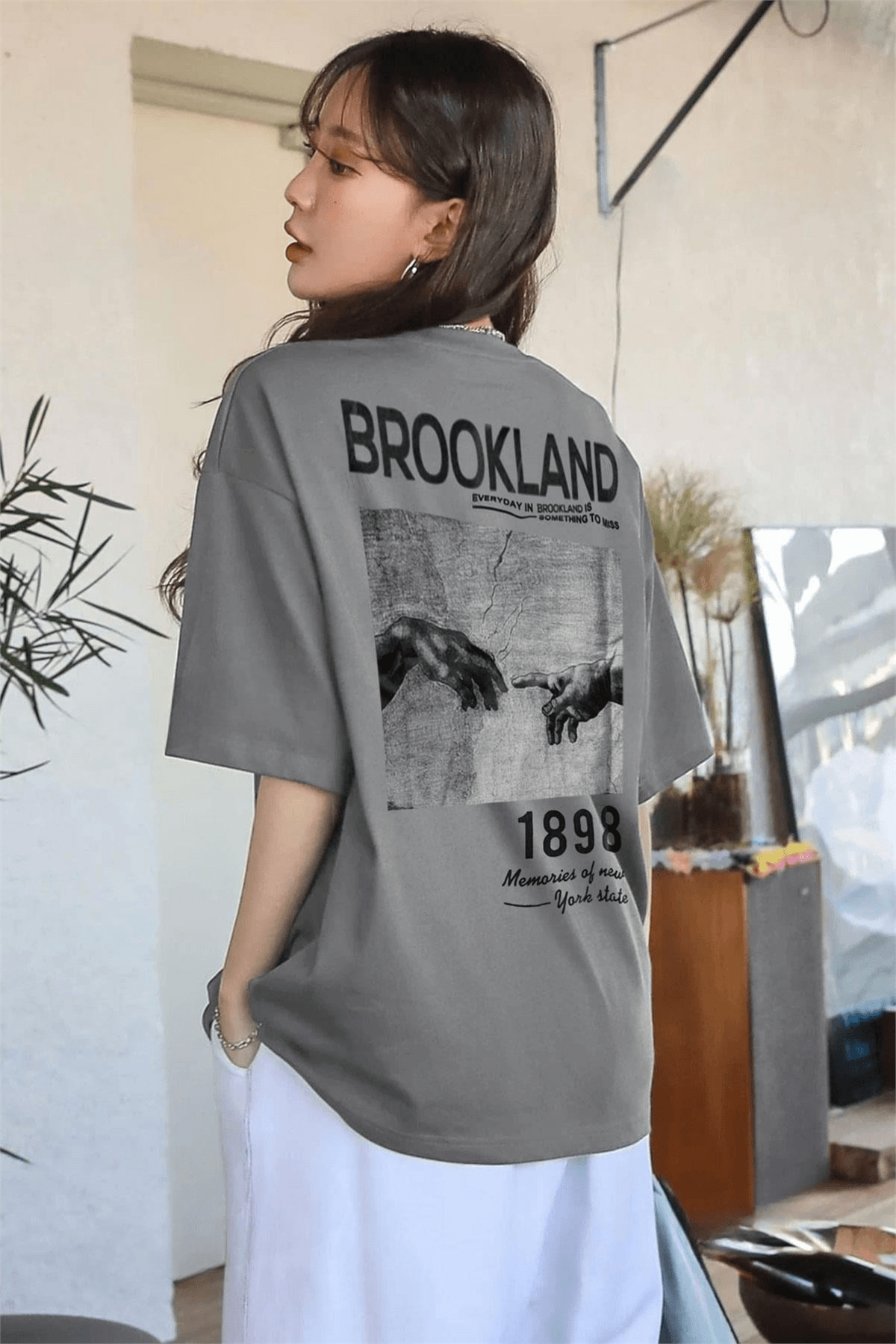 1898 Baskılı Gri Oversize Salas Boyfriend Kadın T-Shirt