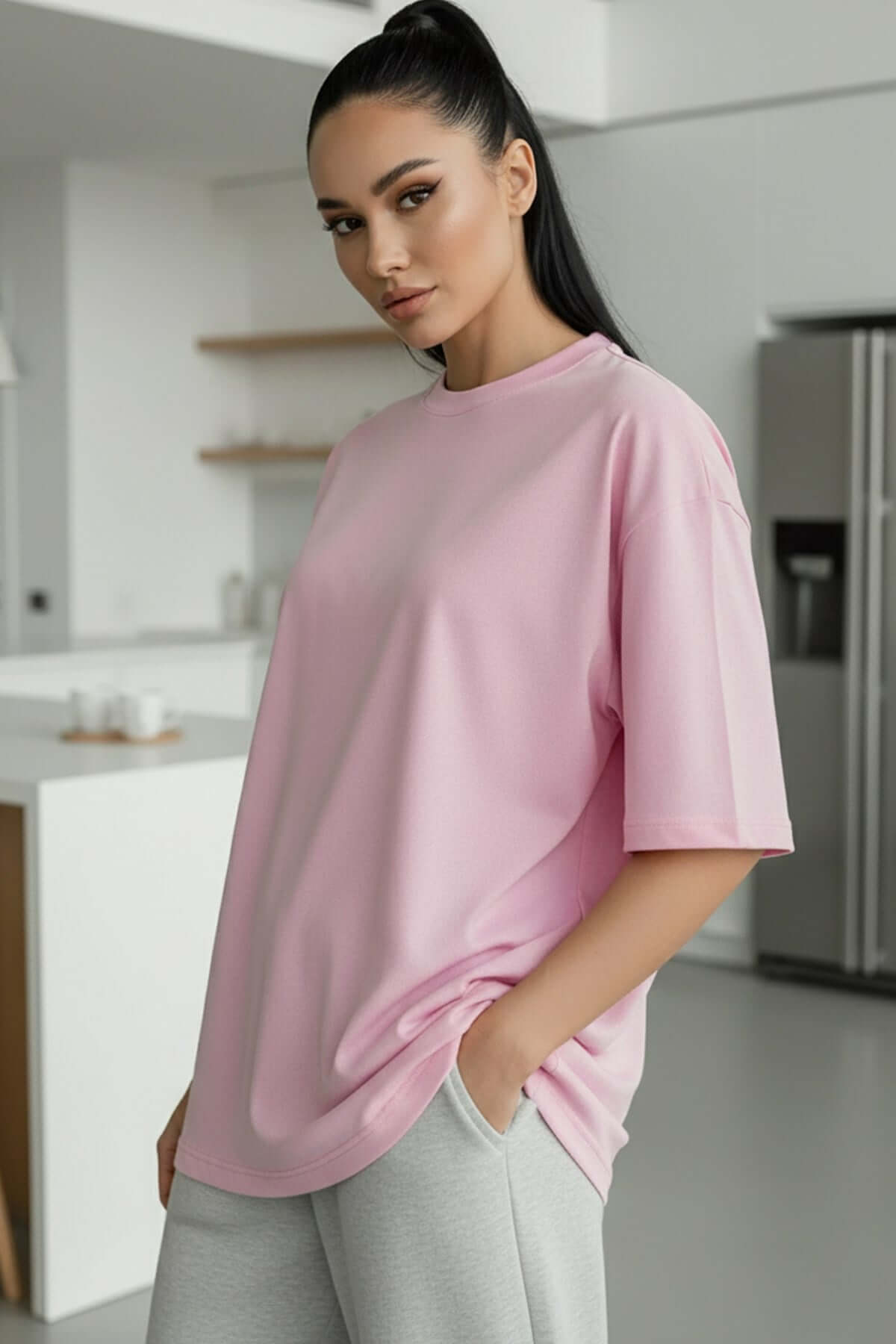 Açık Pembe Basic Düz Baskısız Oversize Salas Boyfriend Kadın T-Shirt