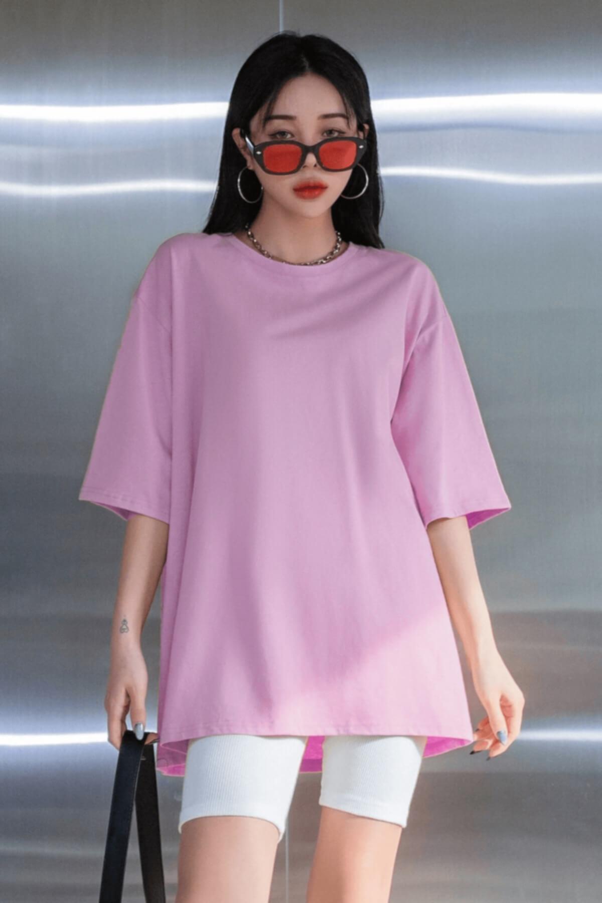 Açık Pembe Basic Düz Baskısız Oversize Salas Boyfriend Kadın T-Shirt