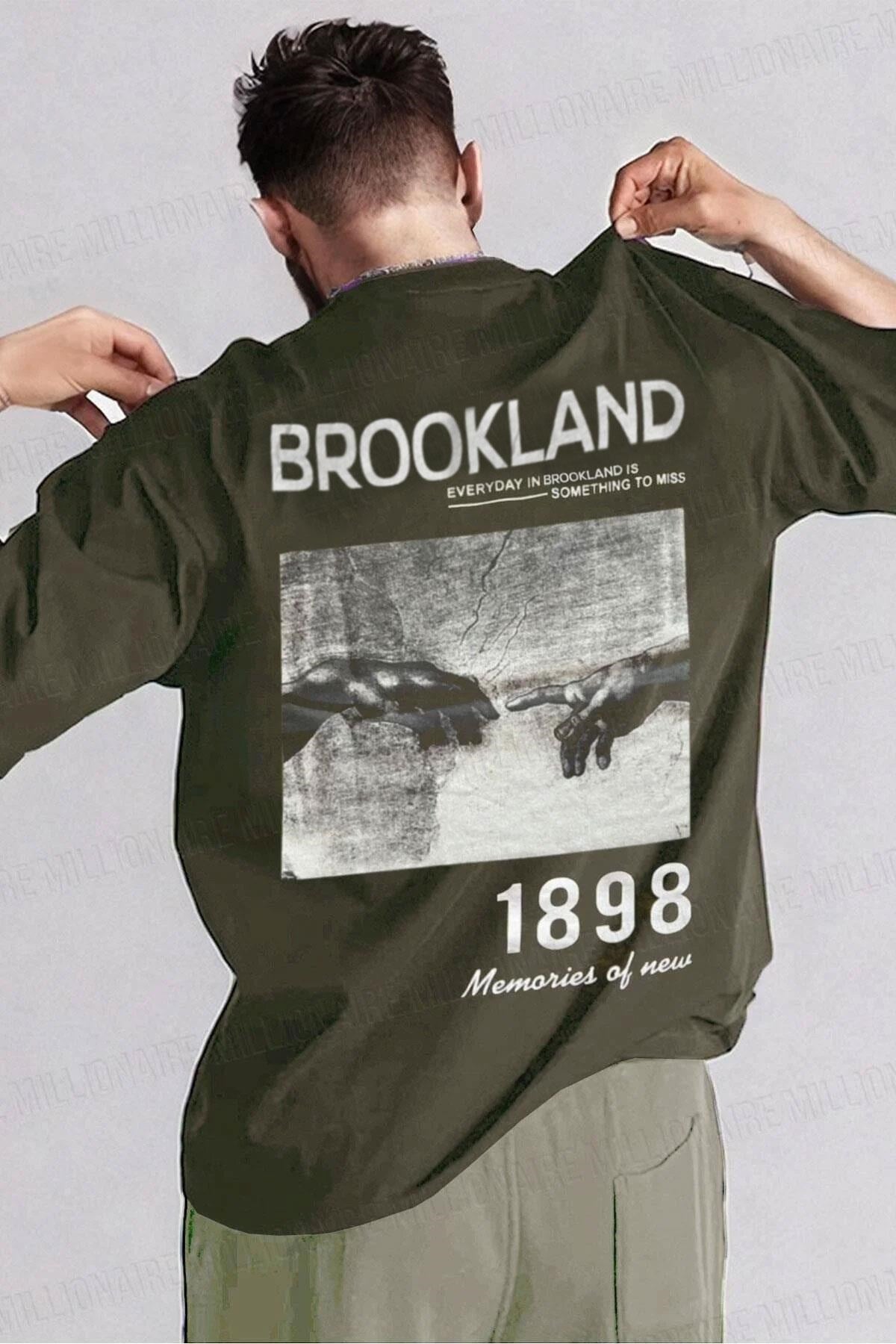 Erkek 1898 Baskılı Haki Oversize Salas T-Shirt