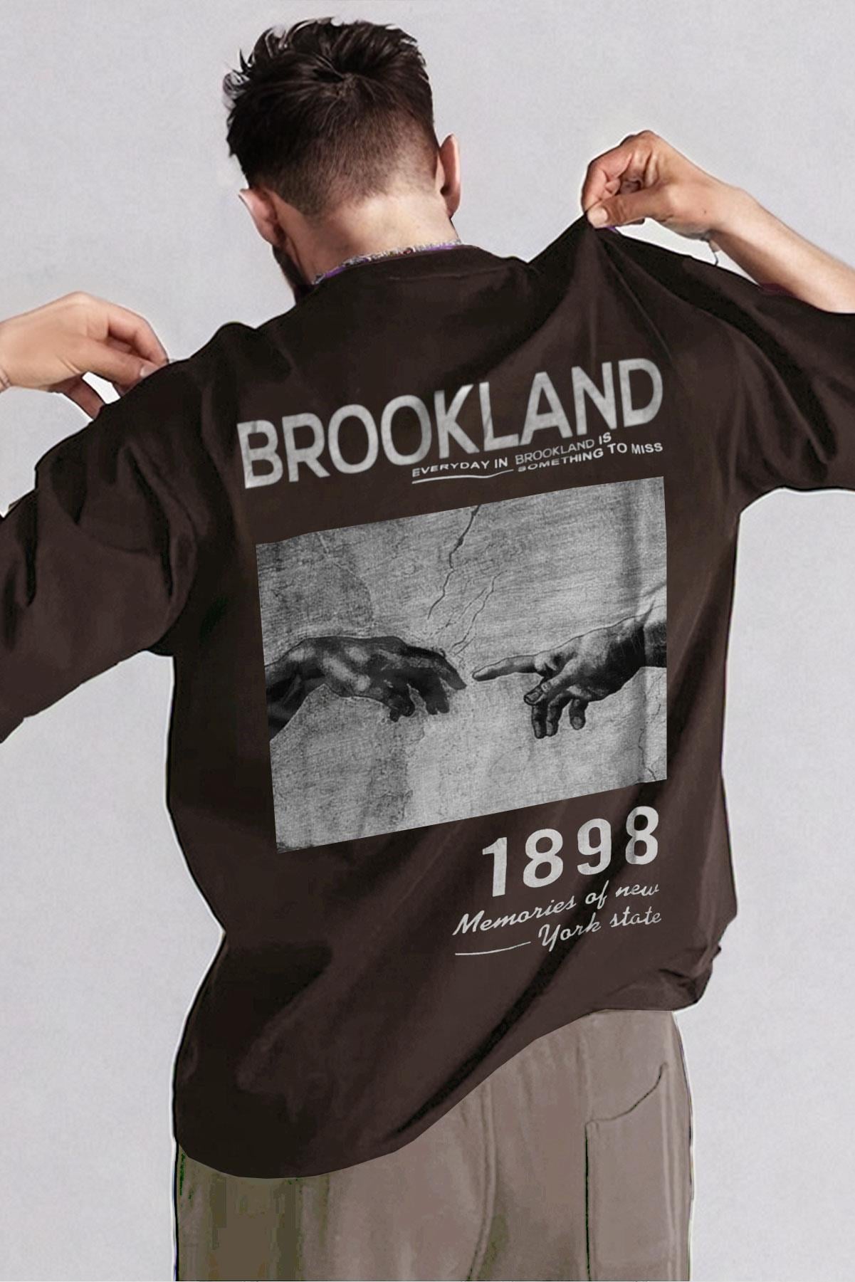 Erkek 1898 Baskılı Kahverengi Oversize Salas Boyfriend T-Shirt