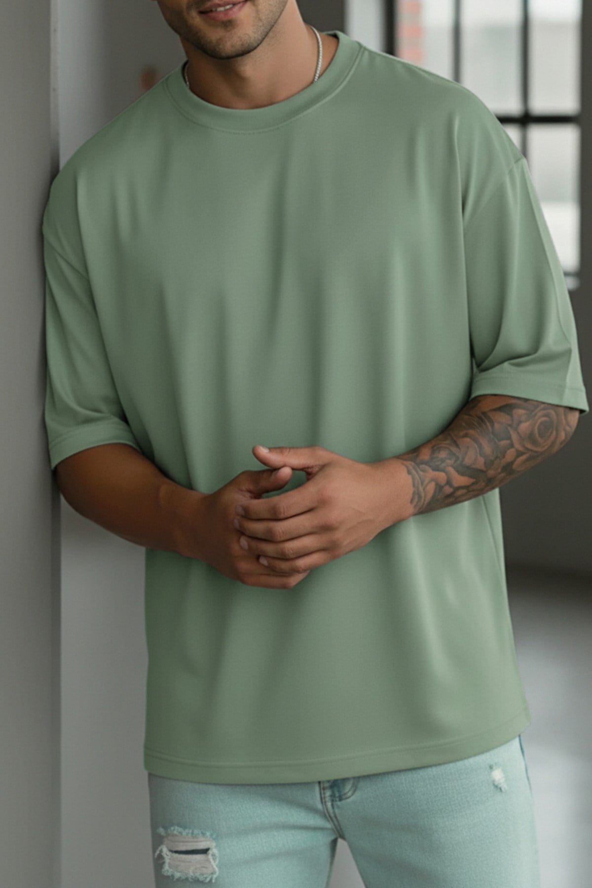 Erkek Açık Yeşil Basic Düz Baskısız Oversize Salas Boyfriend T-Shirt
