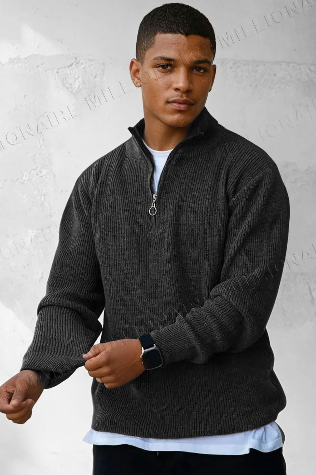 Erkek Antrasit Fermuarlı Balıkçı Yaka Kışlık Triko Kazak