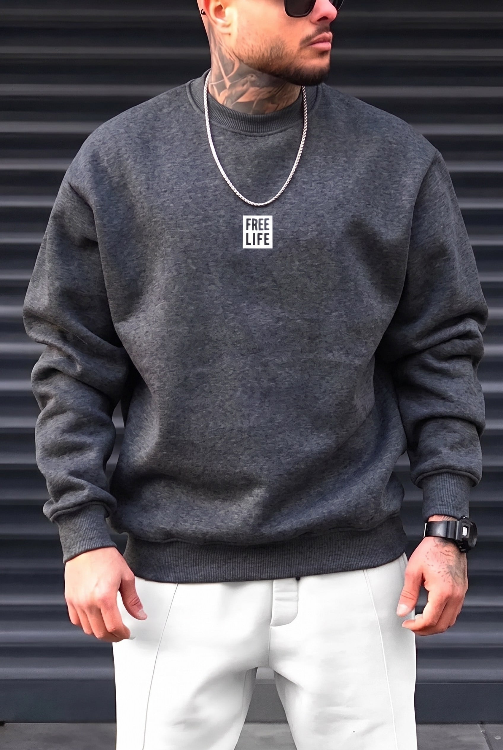 Erkek Antrasit Free Life Baskılı Kalın Soft 3 İplik içi Şardonlu 0 Sıfır Yaka Oversize Salaş Sweatshirt
