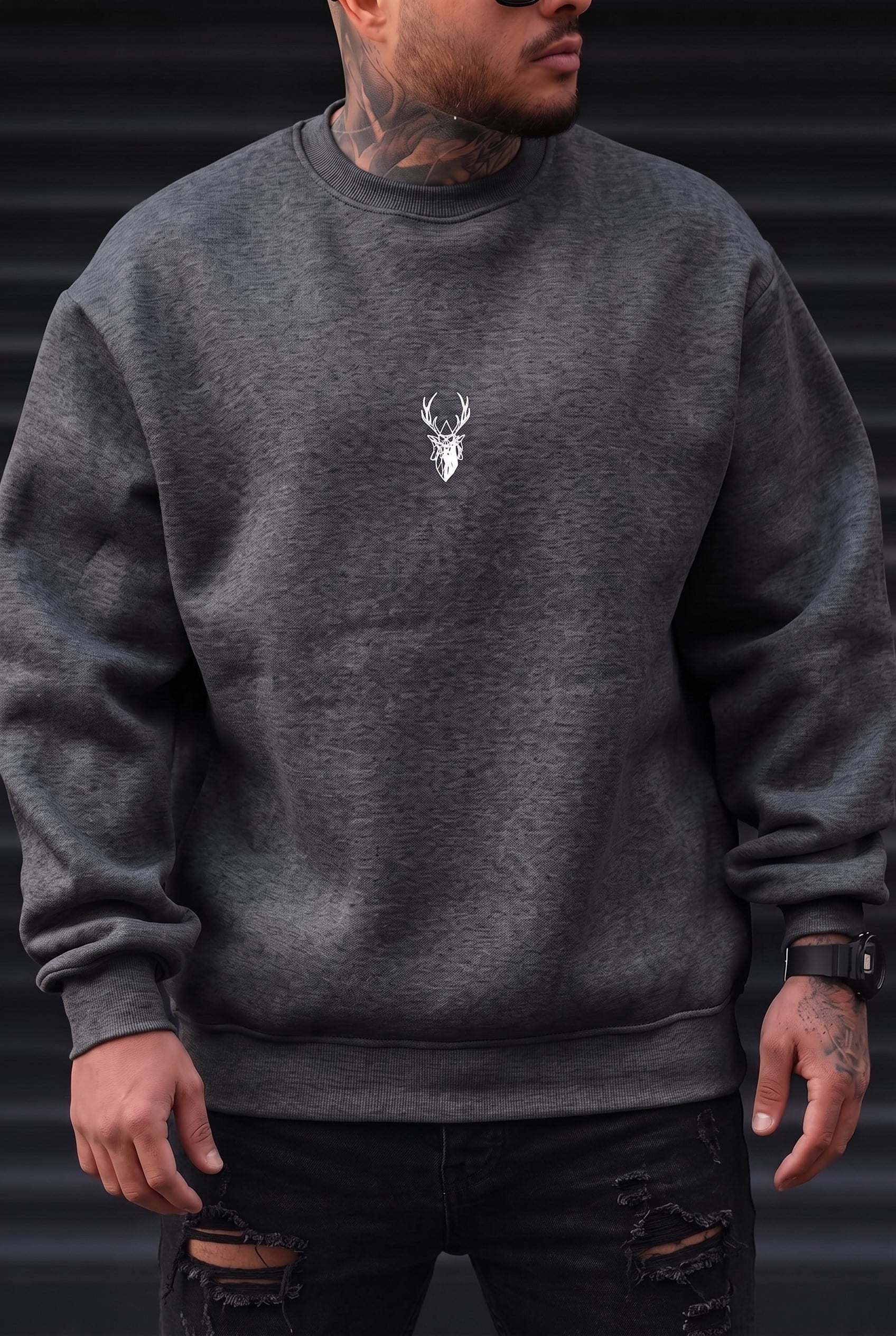 Erkek Antrasit Melanj Geyik Kalın Soft 3 İplik içi Şardonlu 0 Sıfır Yaka Oversize Salaş Sweatshirt