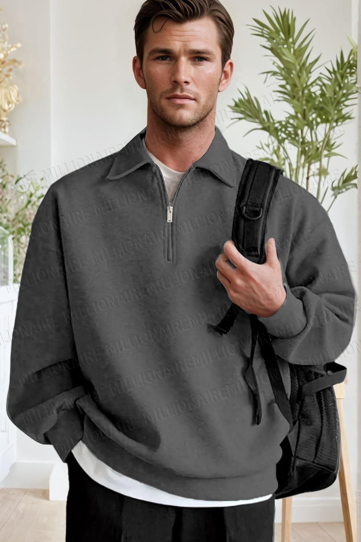 Erkek Antrasit Yarım Fermuar Polo Yaka Oversize Salaş Bol Kesim Polar Sweatshirt