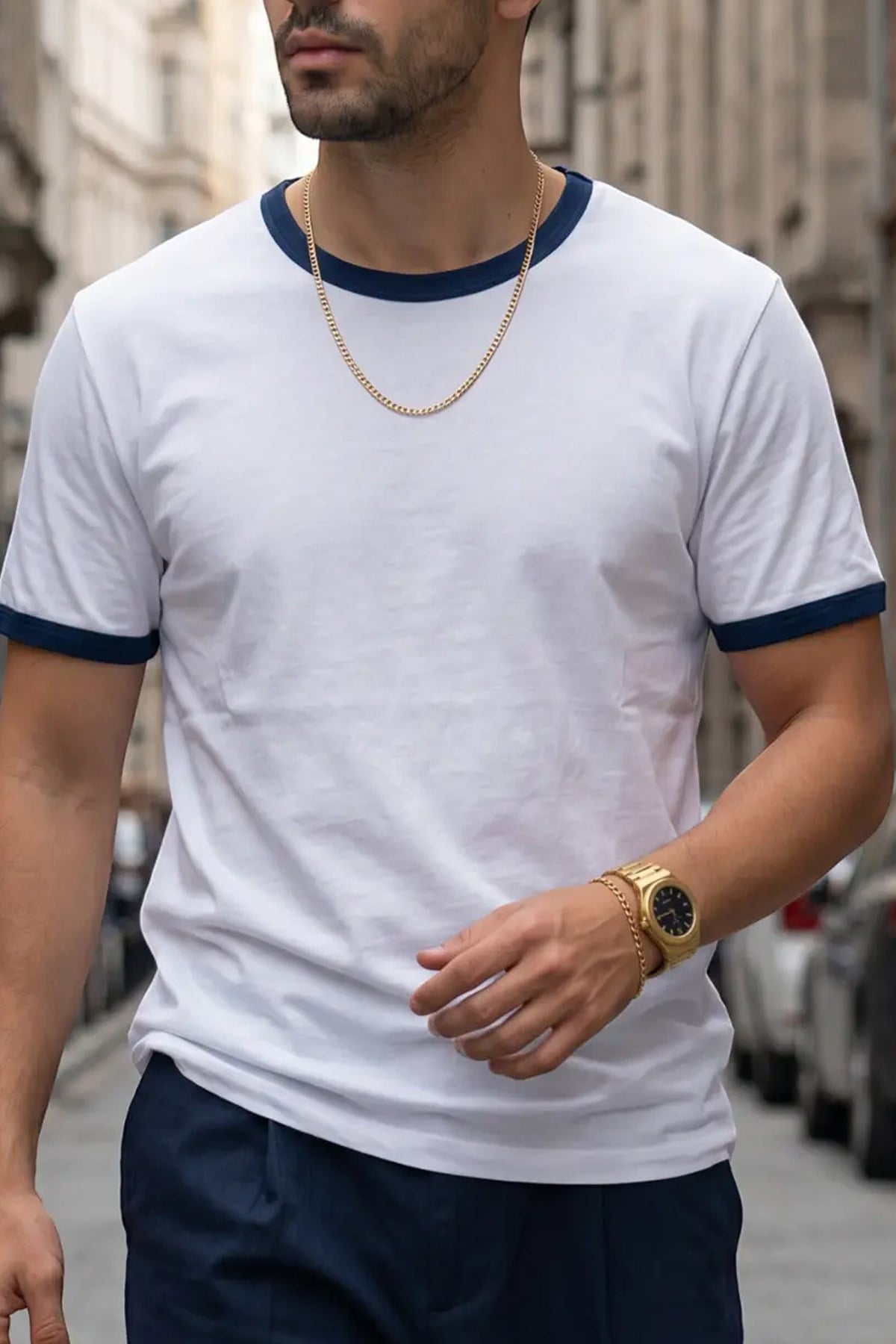 Erkek Beyaz Renkli Tişört Bisiklet Yaka Kol Garnili Regular T-shirt