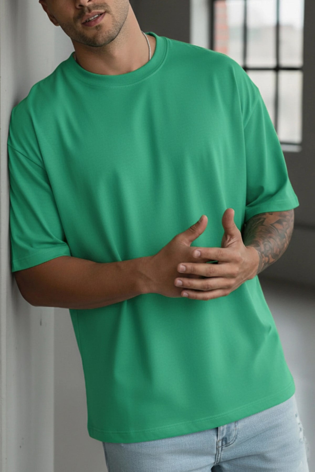Erkek Bntn Yeşil Basic Düz Baskısız Oversize Salas T-Shirt