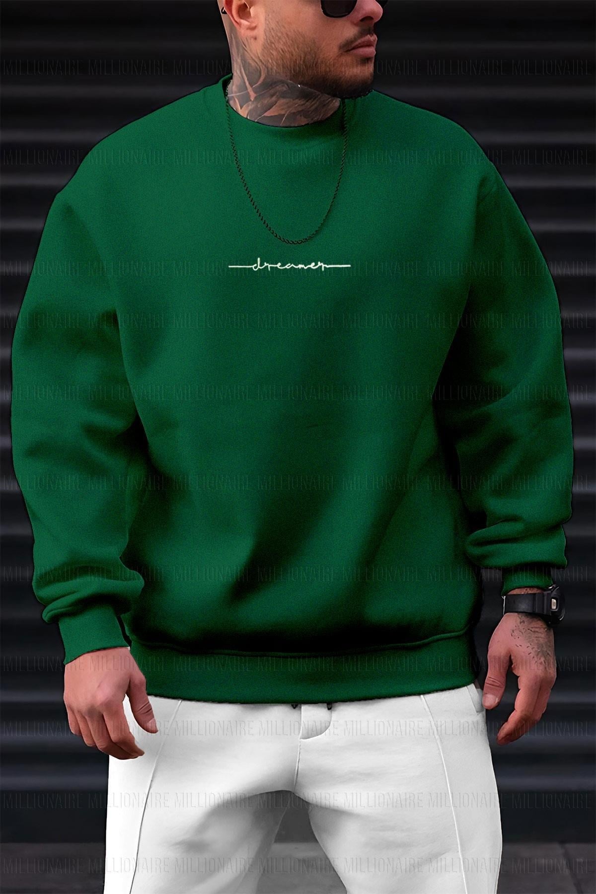 Erkek Bntn Yeşil Dreamer Baskılı 0 Sıfır Yaka Oversize Salaş Bol Kesim Polar Sweatshirt