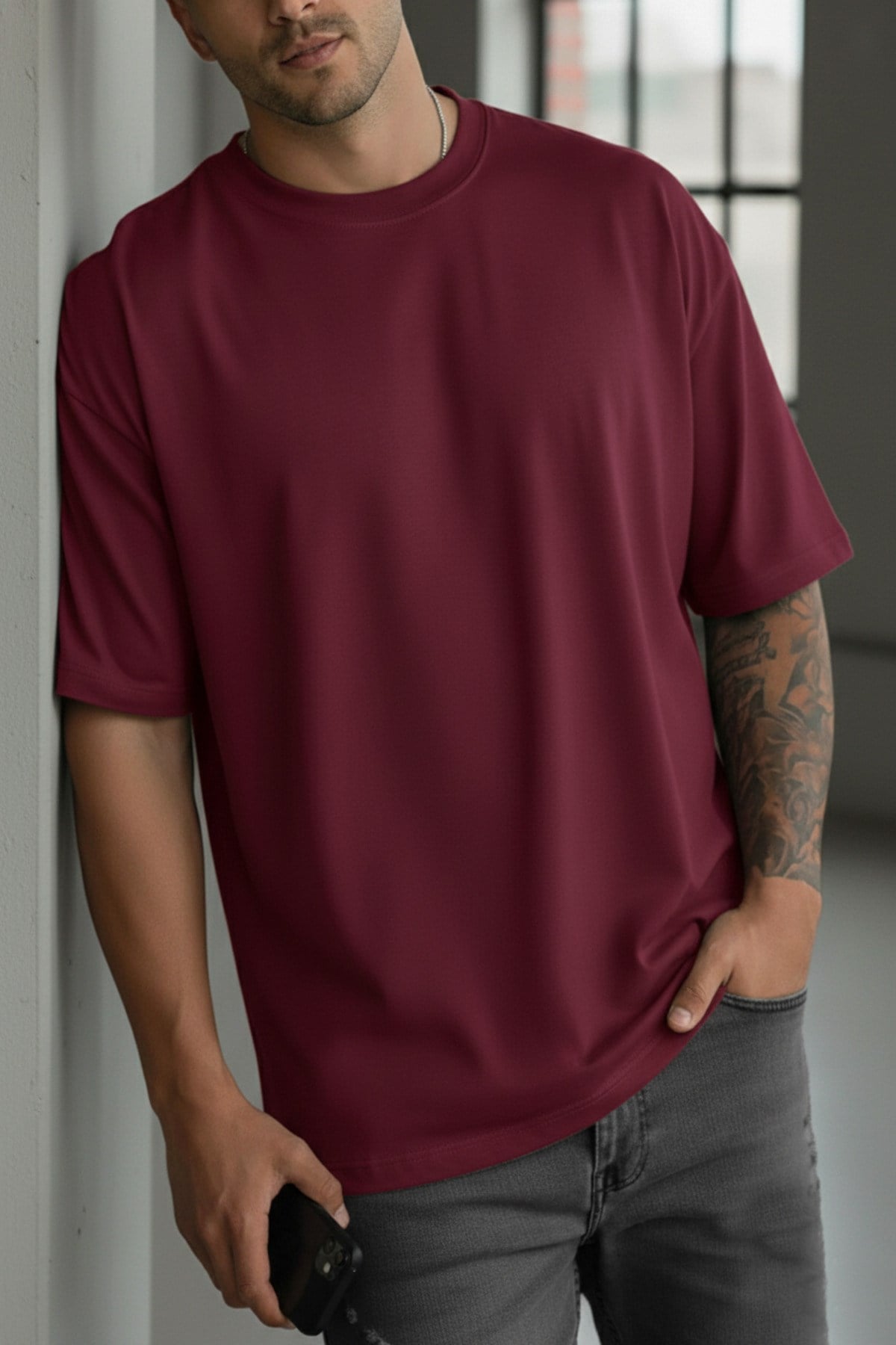 Erkek Bordo Basic Düz Baskısız Oversize Salas T-Shirt