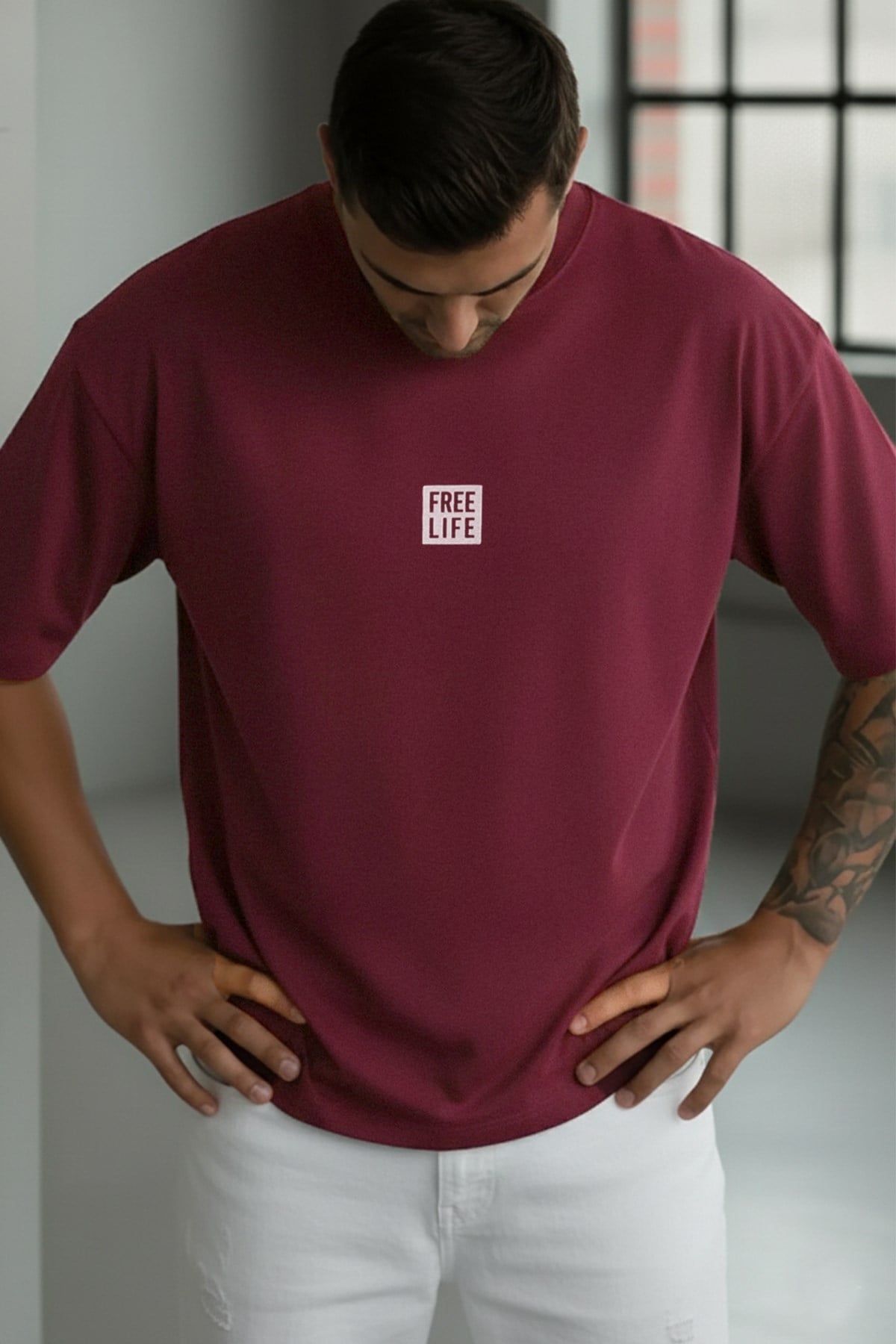Erkek Bordo Free Life Bisiklet Yaka Oversize Salas T-Shirt