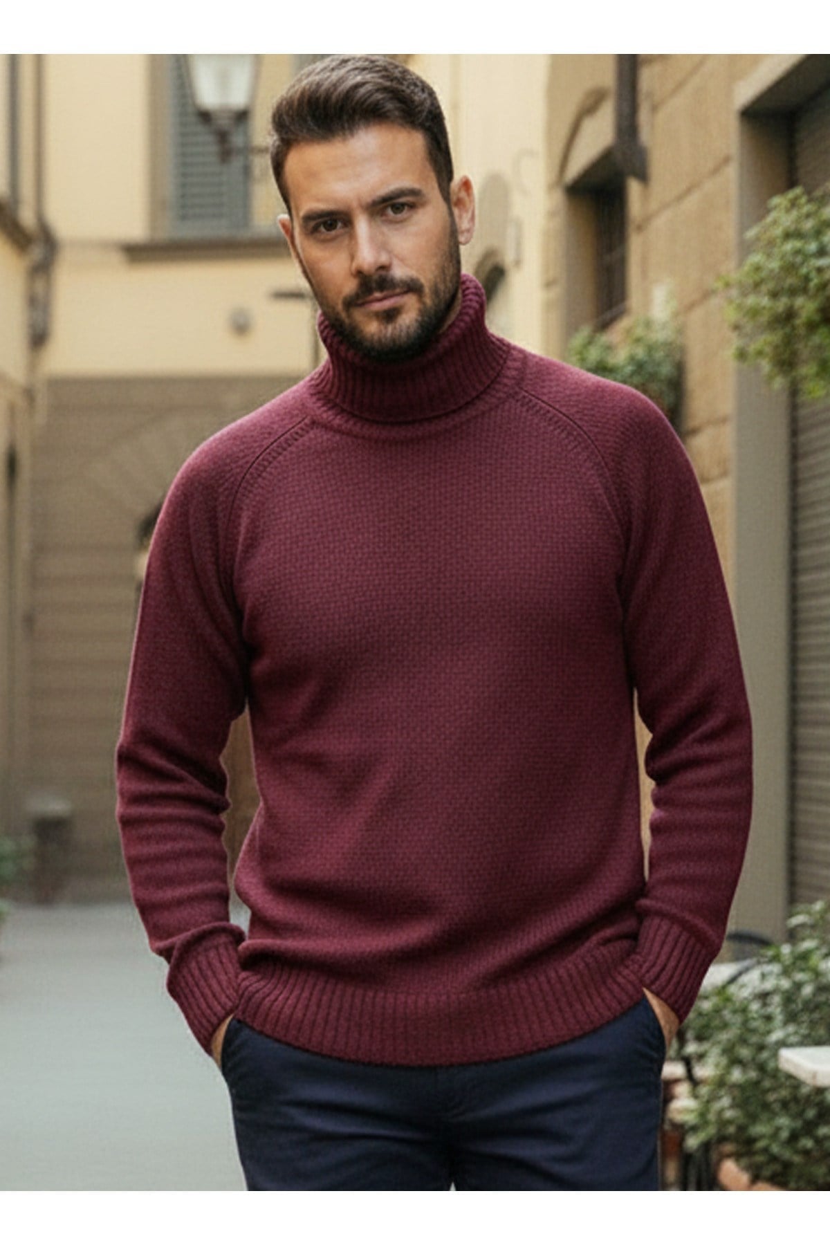 Erkek Bordo Italyan Reglan Kol Detaylı Kalın Balıkçı Yaka Boğazlı Regular %100 Pamuk Triko Kazak