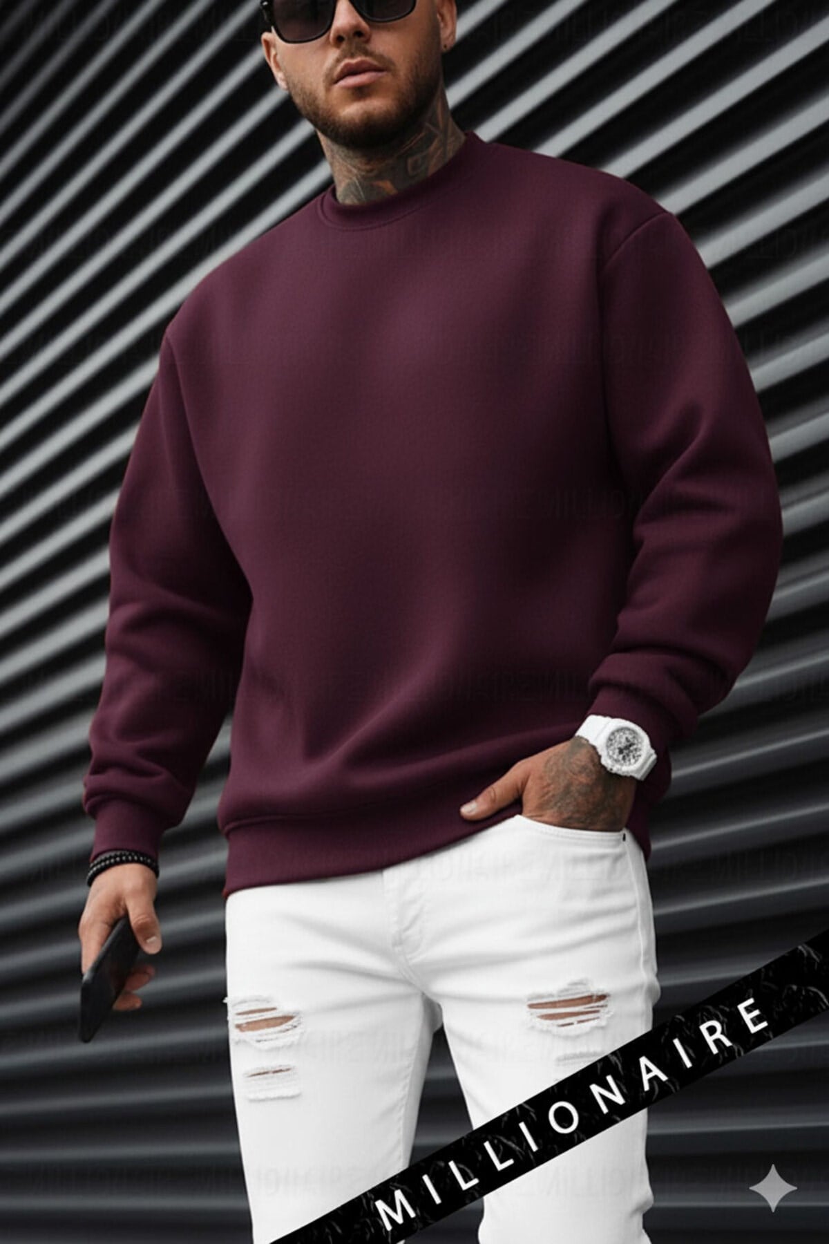 Erkek Bordo Koyu Vişne Çürüğü Basic 0 Sıfır Yaka Baskısız Düz Oversize Salaş Bol Kesim Sweatshirt