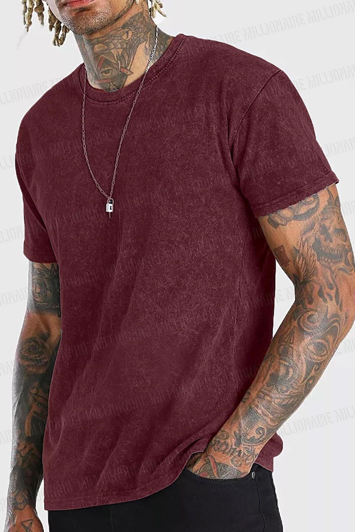 Erkek Bordo Regular Asit Yıkamalı Eskitme Efektli Boyalı T-Shirt