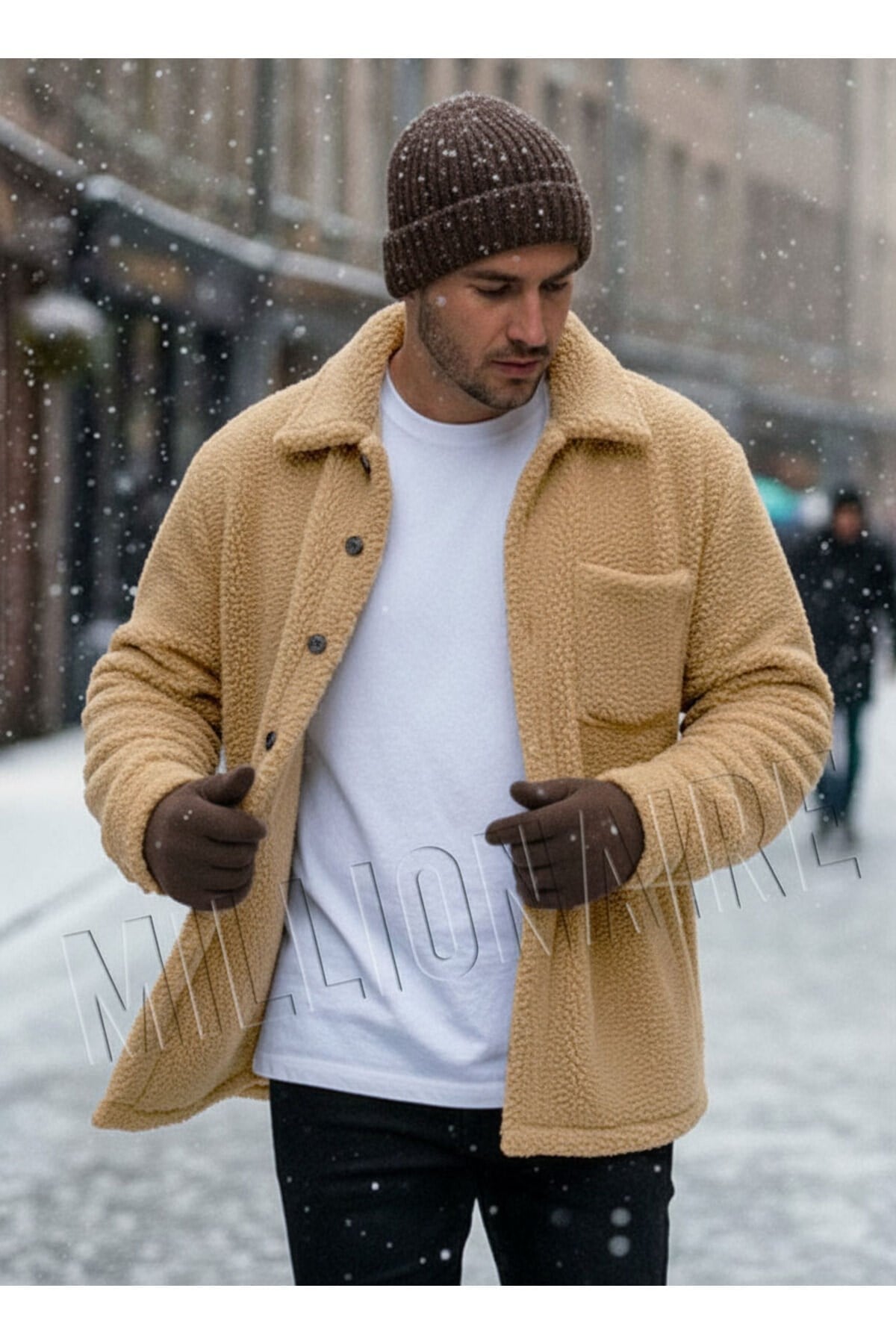 Erkek Camel Peluş Gömlek Yaka Modeli Düğmeli Ceket Hırka Mont Sweatshirt Polar