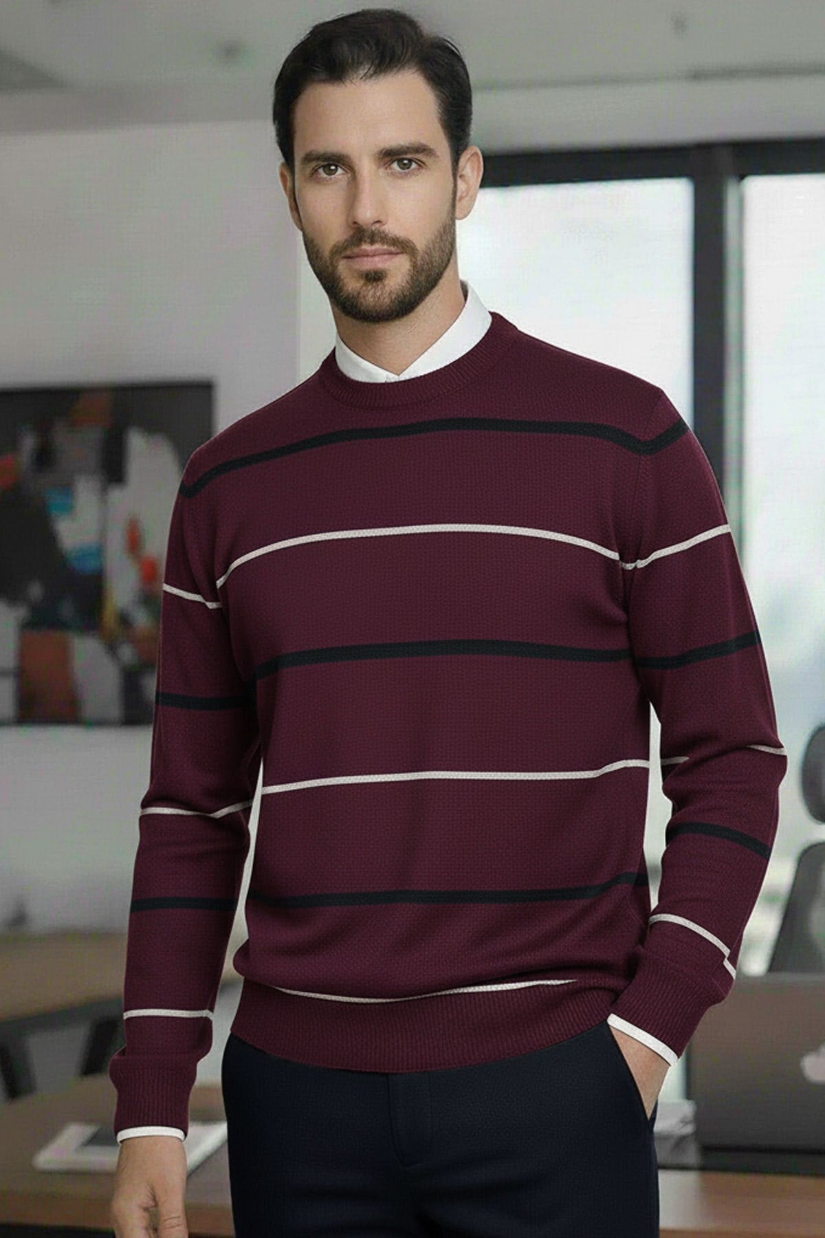 Erkek Çizgi Detaylı Bordo Bisiklet Yaka Standart Normal Kesim Regular Fit Karışımlı Triko Kazak