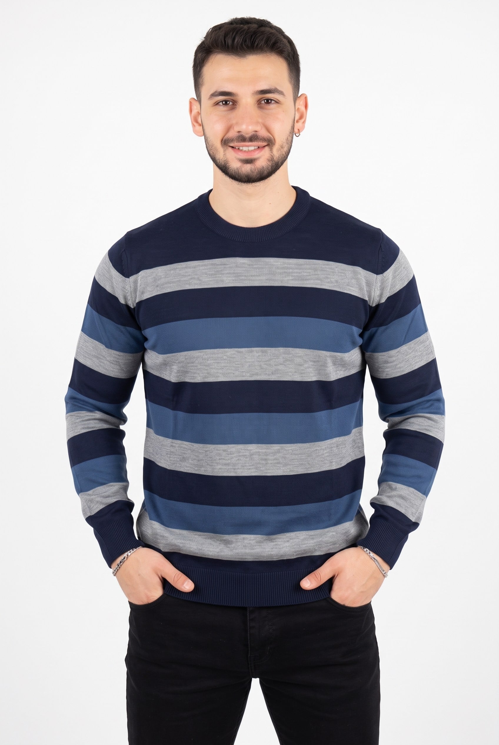 Erkek Çizgi Detaylı Lacivert Mavi Gri Bisiklet Yaka Standart Normal Kesim Regular Fit Karışımlı Triko Kazak